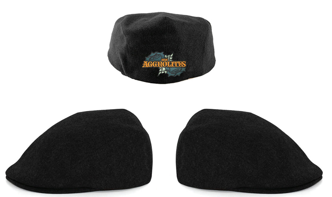 Three black berets from The Aggrolites are shown: one featuring the band’s logo with flowers on the front, and two plain berets displayed from a side angle.