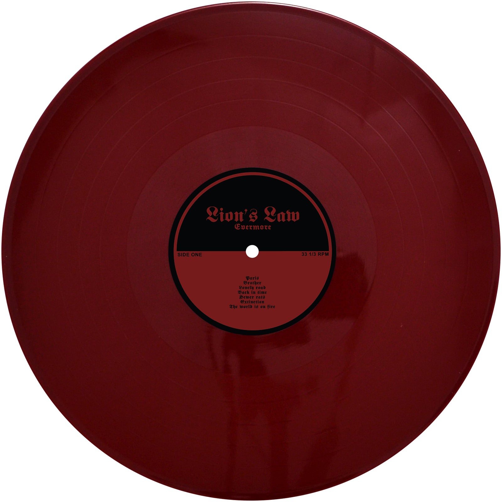 A maroon vinyl record by Lions Law features a black center label with the album title “Cemetery” and a red tracklist. This streetpunk LP is shown on a white background.