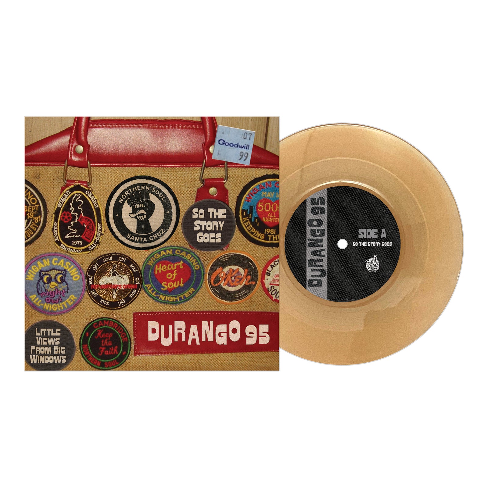 A translucent gold vinyl record from BOOTSnBOOZE, with a cover showing a red bag adorned with colorful patches and pins. “DURANGO 95” appears in bold white on red, celebrating Santa Cruz skinheads and the Boots N Booze spirit.