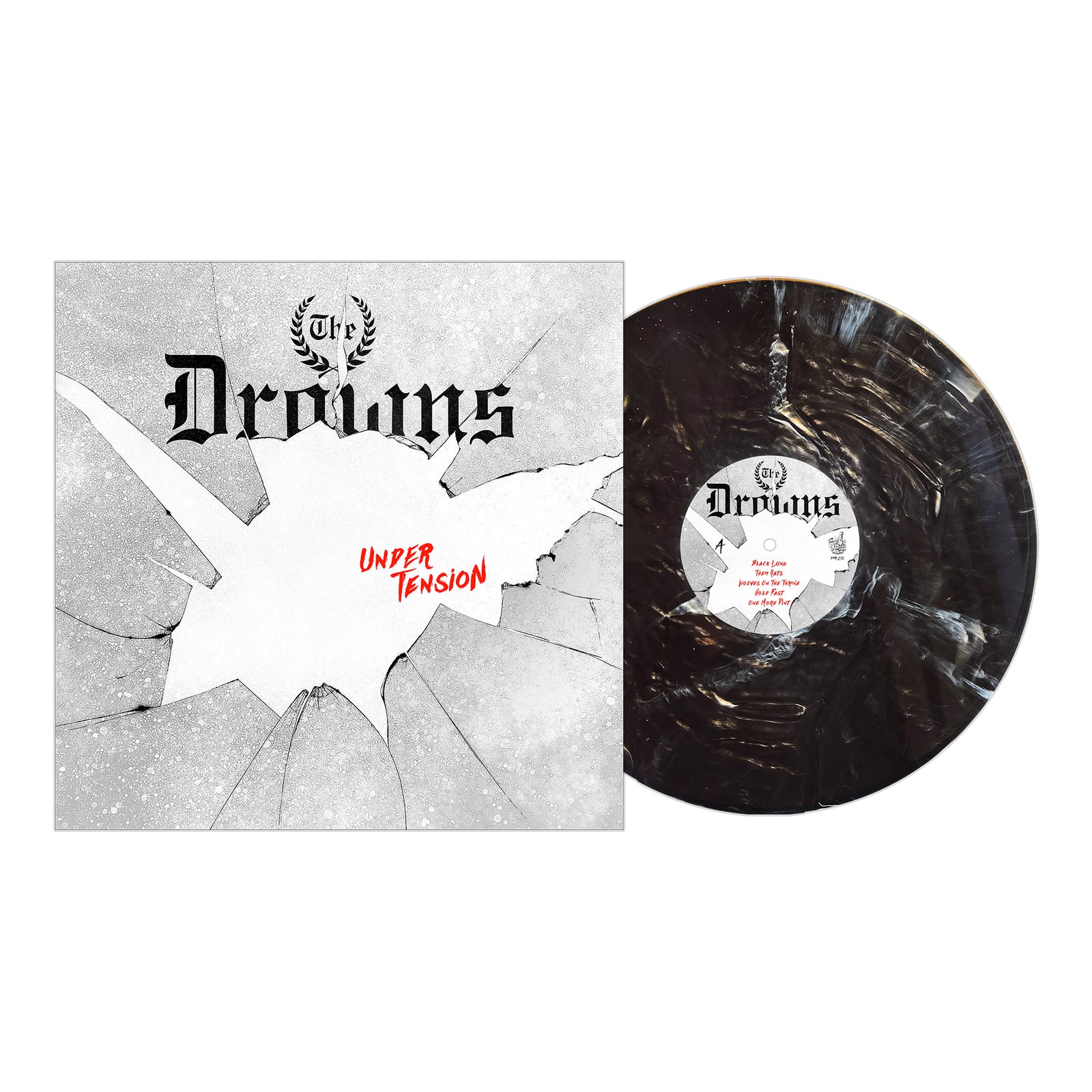 The Drowns vinyl record Under Tension is a collector’s punk must-have, featuring a bold cover with cracked glass, black lettering, and red title, plus an eye-catching black marbled vinyl.