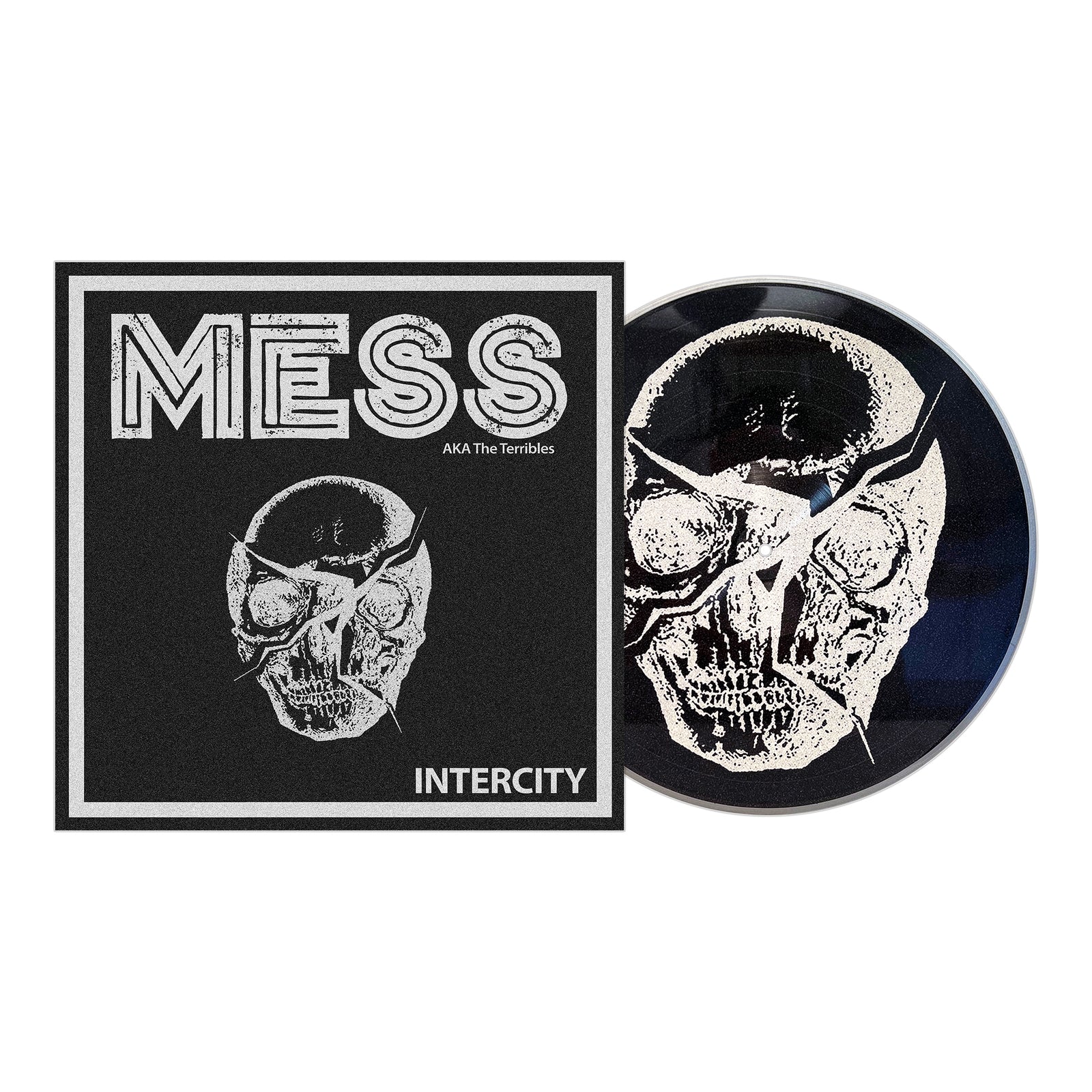 A black and white vinyl record and album cover by Mess – INTERCITY, featuring a distressed skull illustration and bold, rough streetpunk text.