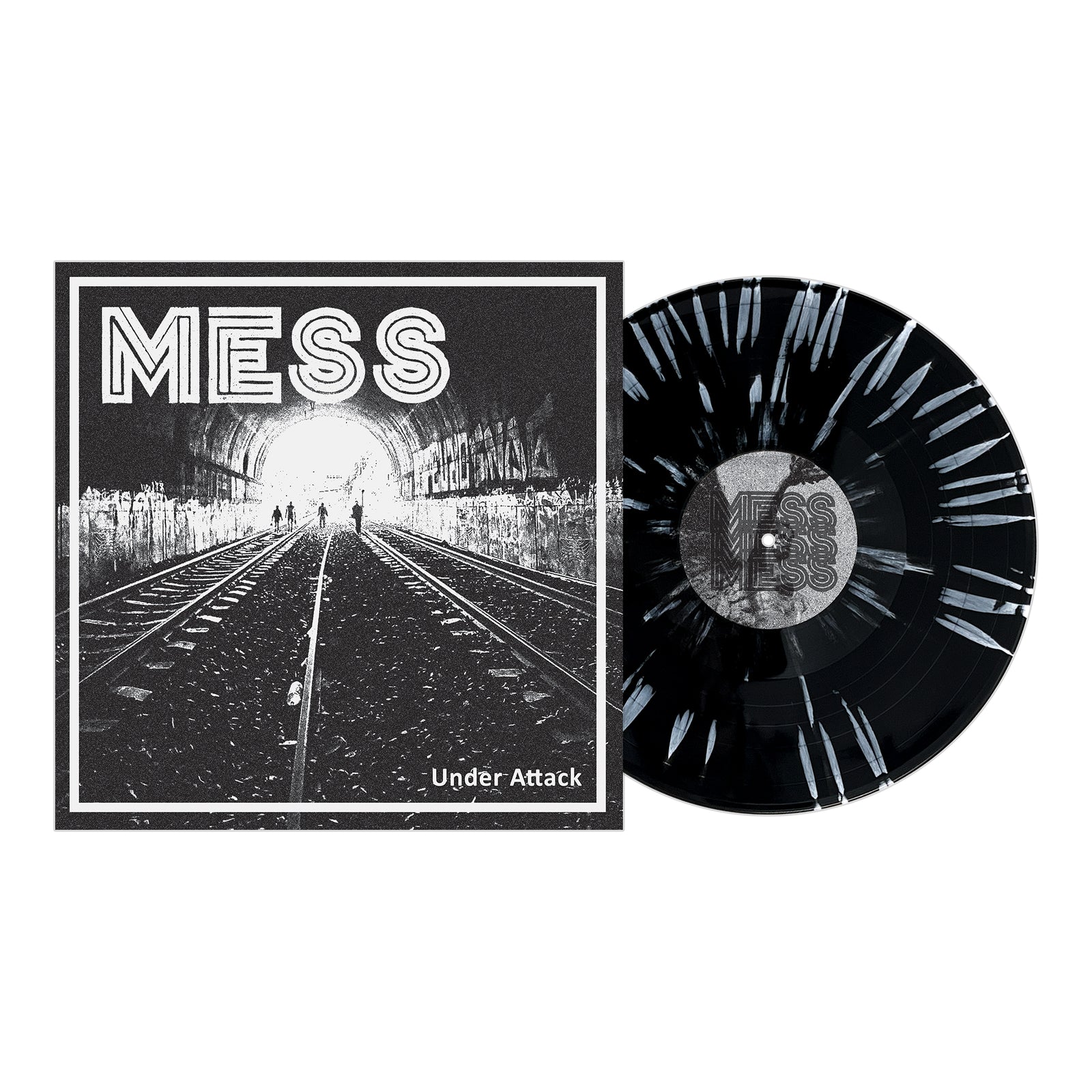 The black and white album cover for Mess - Under Attack, a streetpunk and Oi! band from Guadalajara, features railroad tracks into a tunnel with figures; next to it is a black vinyl with white splatters. Brand: Mess.