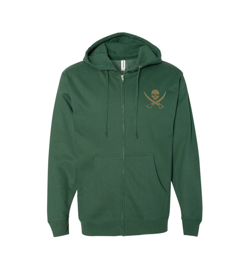 A green zip-up hoodie from Pirates Press Records featuring a hood, front pockets, and a gold skull and crossed swords Pirate logo on the left chest.