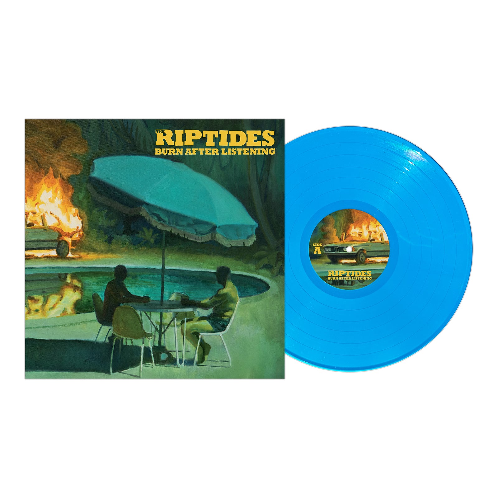 A vibrant blue vinyl from The Riptides rests by its cover, which shows two people at a table near a pool and a burning car. The melodic punk rock album is called Burn After Listening.