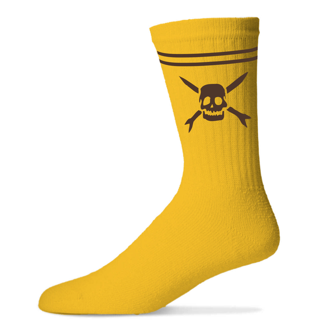 A yellow cotton sock by Teenage Bottlerocket with two brown stripes at the top and a brown skull-and-crossed-spears logo on the side.