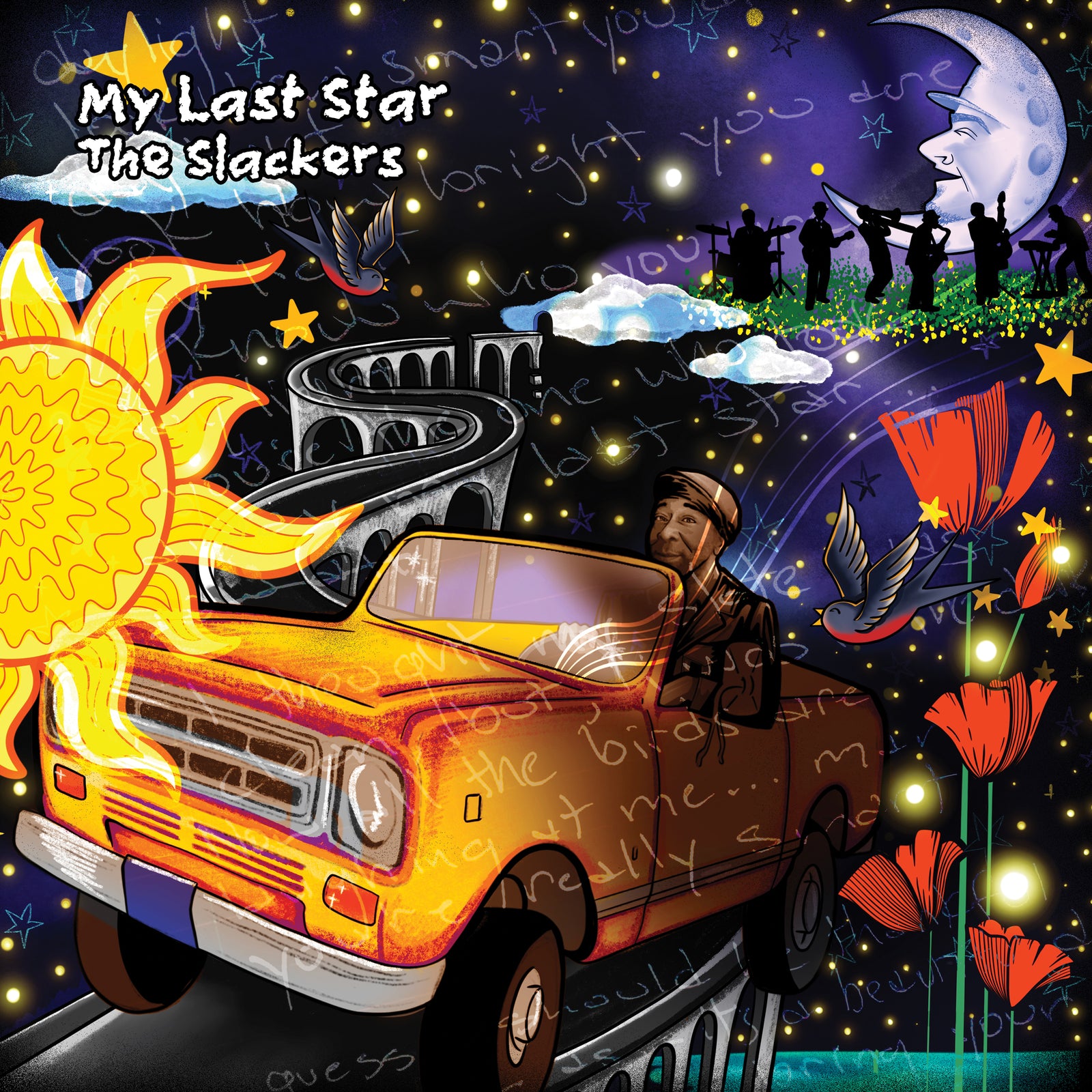 A vibrant, surreal album cover for The Slackers’ “My Last Star” features a man in an orange convertible driving along a winding road beneath a starry sky of sun, moon, flowers, birds, and the band performing on a rainbow.