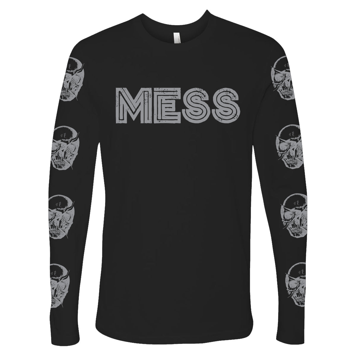 The Mess black long-sleeve shirt showcases bold MESS lettering on the chest and multiple white skulls down both sleeves—an edgy statement piece from the Mess brand.