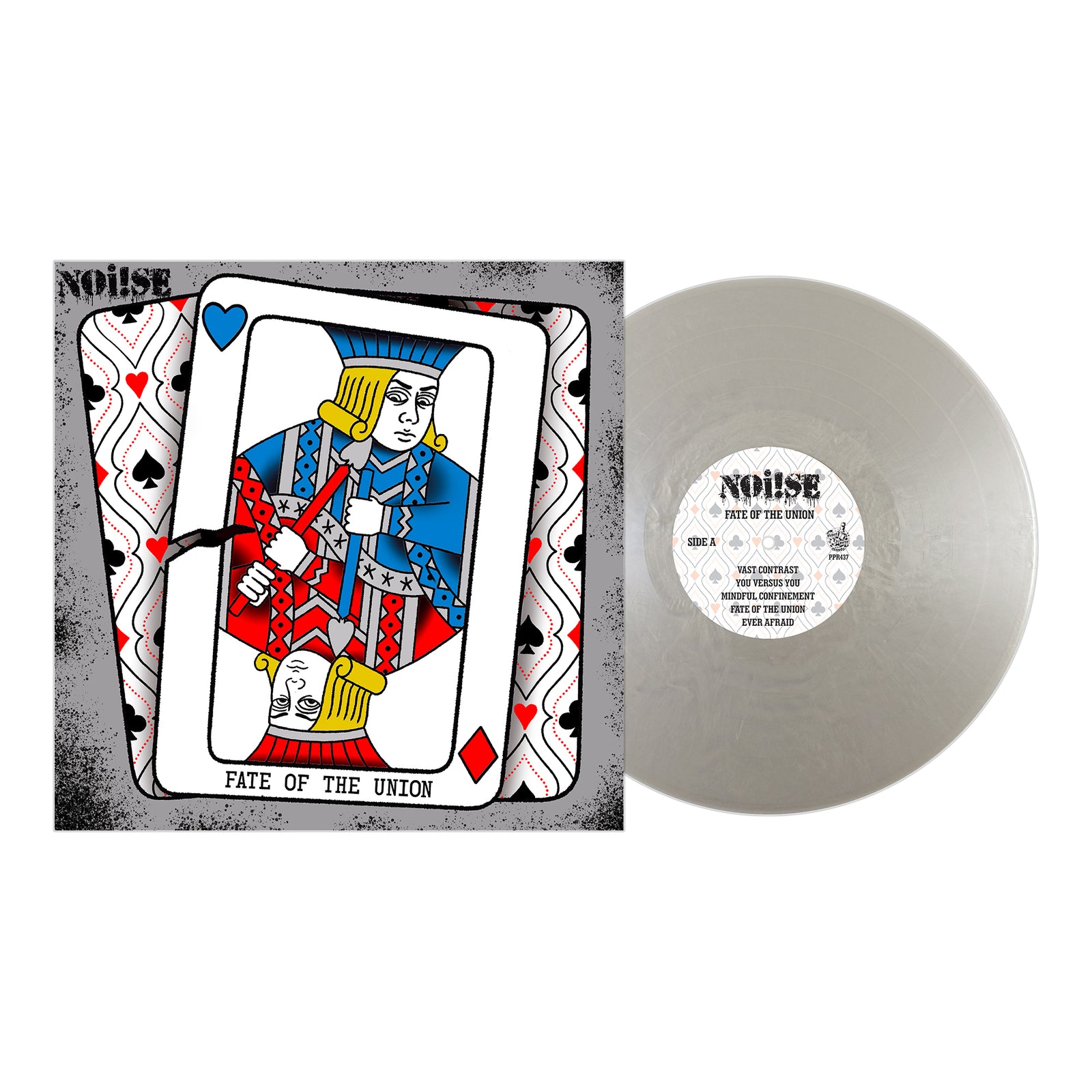 A silver vinyl record by NOi!SE sits beside its "Fate of the Union" cover, featuring a streetpunk king design. The playing card-style artwork displays a blue heart in the corner against a backdrop of hearts and spades.