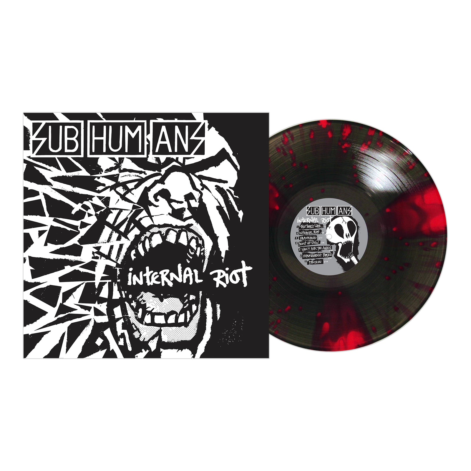 The image displays the Subhumans Internal Riot album cover and Vinyl LP—a roaring mouth breaks through black and white art, while the black vinyl features bold red splatter patterns.