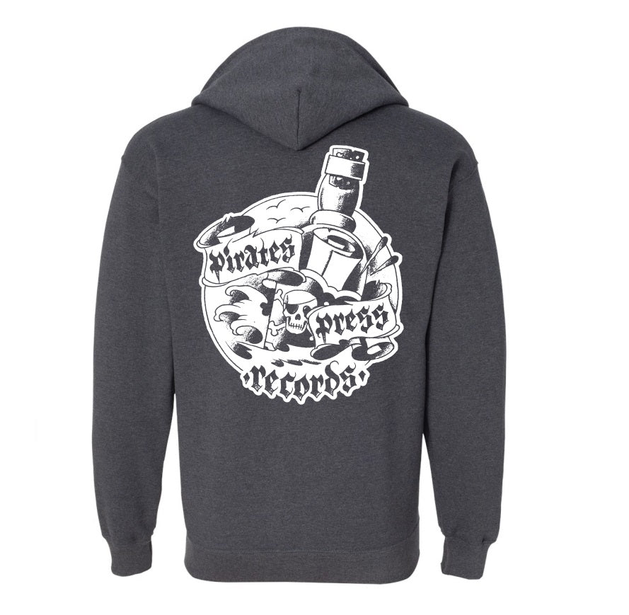 A dark gray Pirates Press Records hoodie featuring a large white back graphic of a cannon, skull, waves, and bold "Pirates Press Records" text in a stylized font.