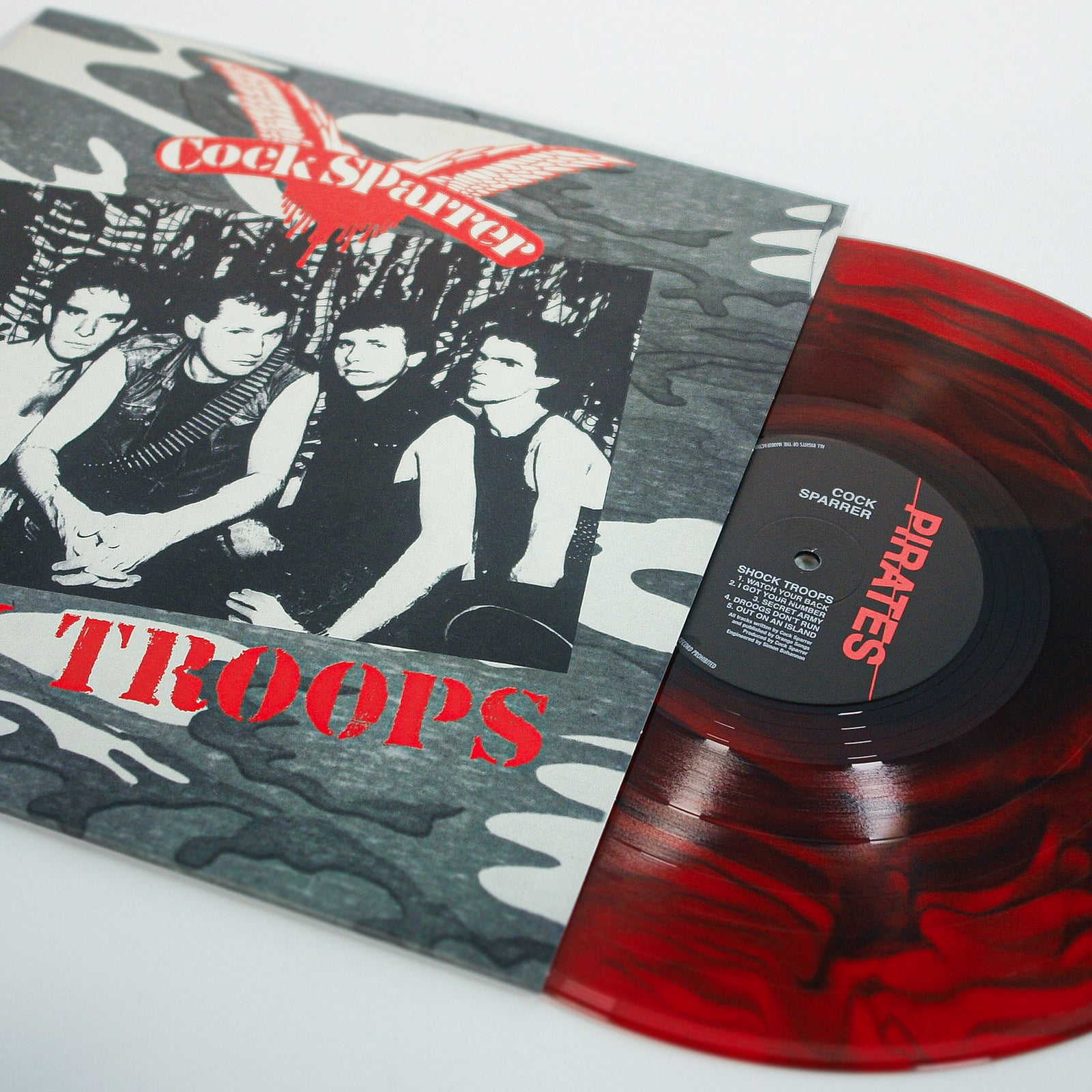 A red and black Cock Sparrer Vinyl LP, featuring the band on the cover—ideal for fans of "Shock Troops.