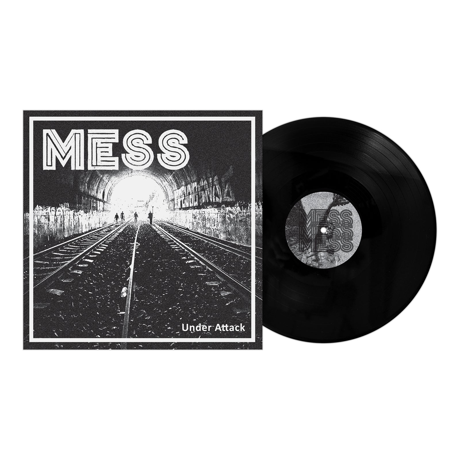 Black vinyl record from Mess, featuring cover art with railway tracks into a tunnel, silhouettes of people, and the text Mess and Under Attack LP. A notable streetpunk release.