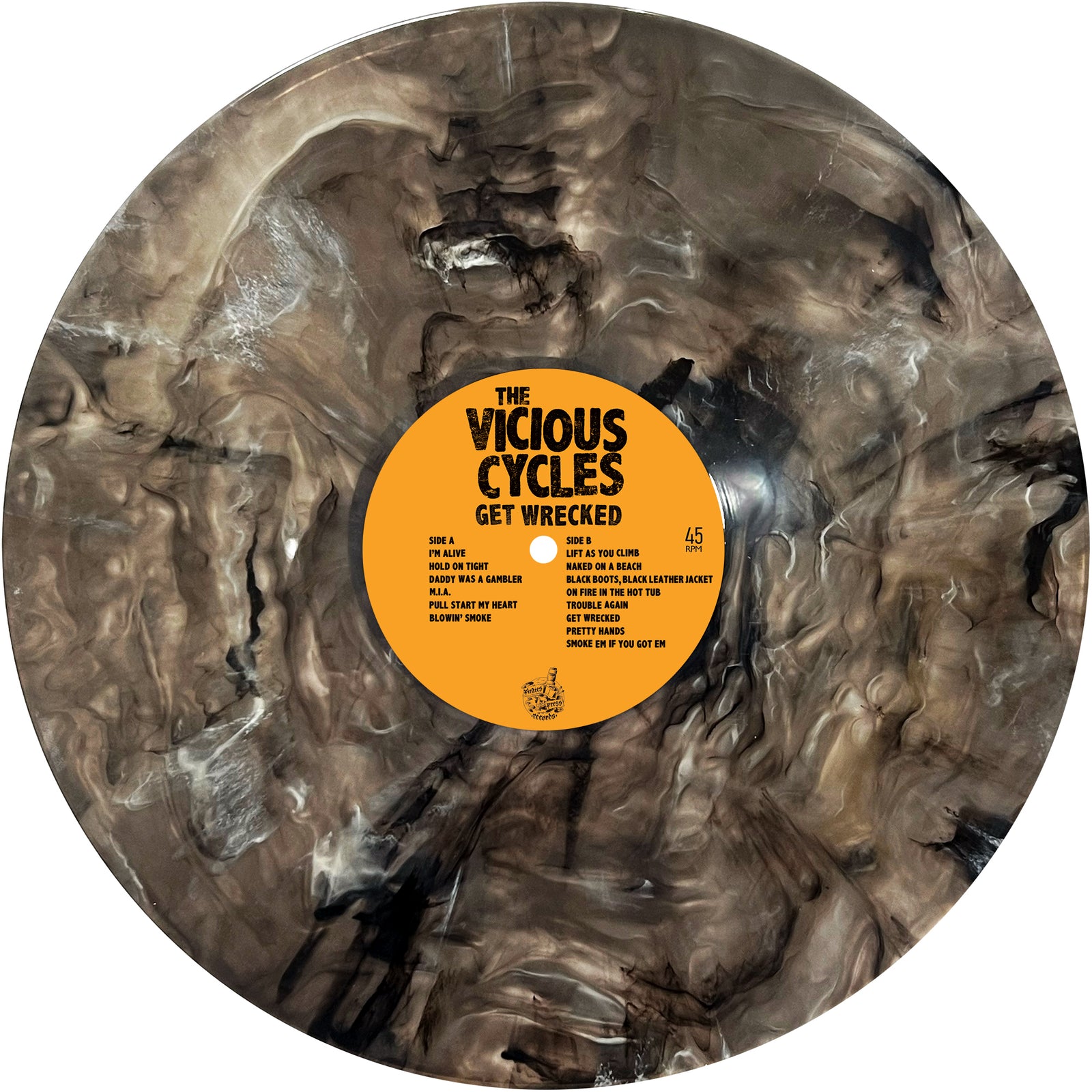 The Vicious Cycles’ marbled black, white, and gray vinyl record, Get Wrecked, features garage punk energy and displays an orange center label with bold black song titles and album details.
