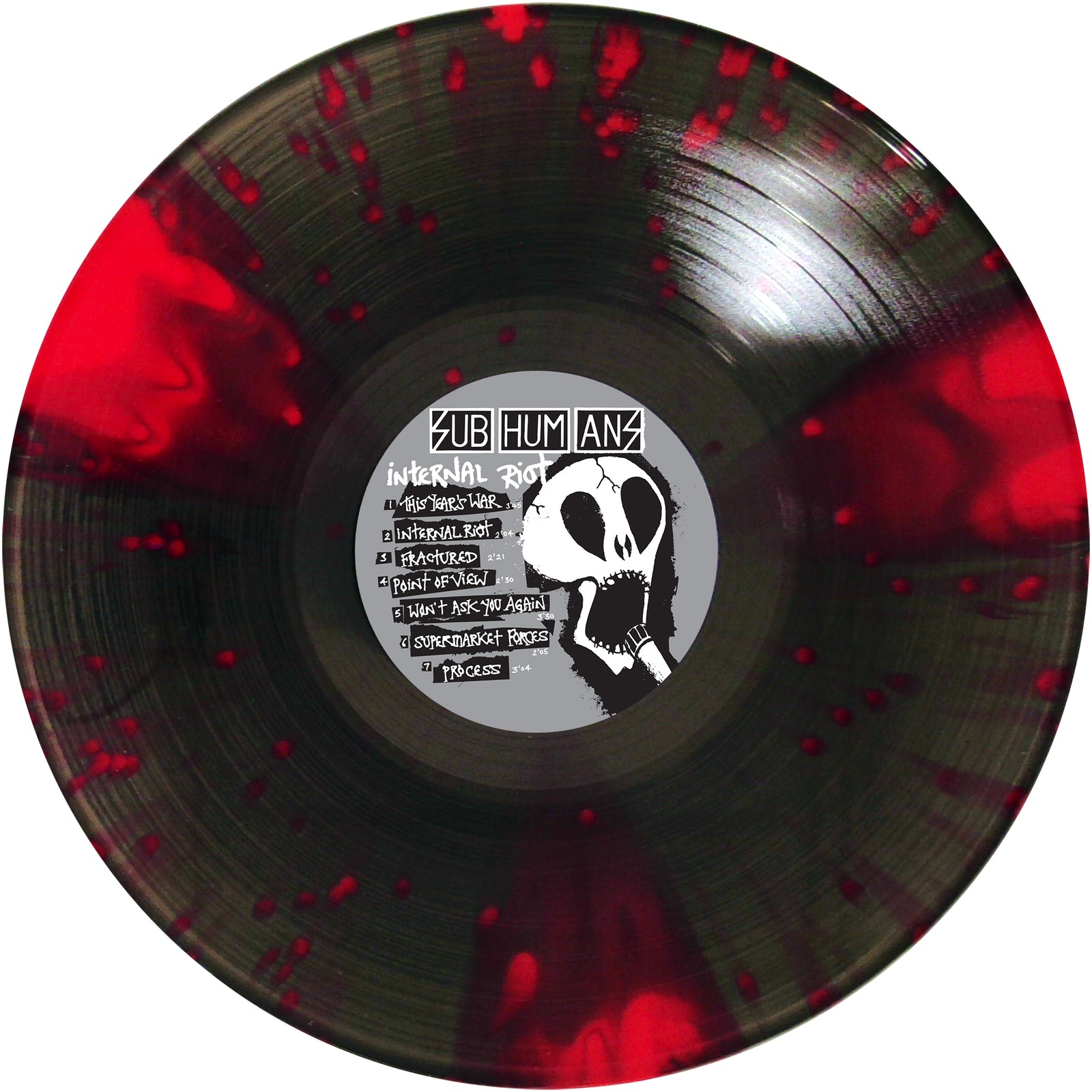 A black Subhumans Vinyl LP with red splatters and a center label reading "Internal Riot" sits next to a black-and-white skull illustration. The label features hand-drawn style song titles.