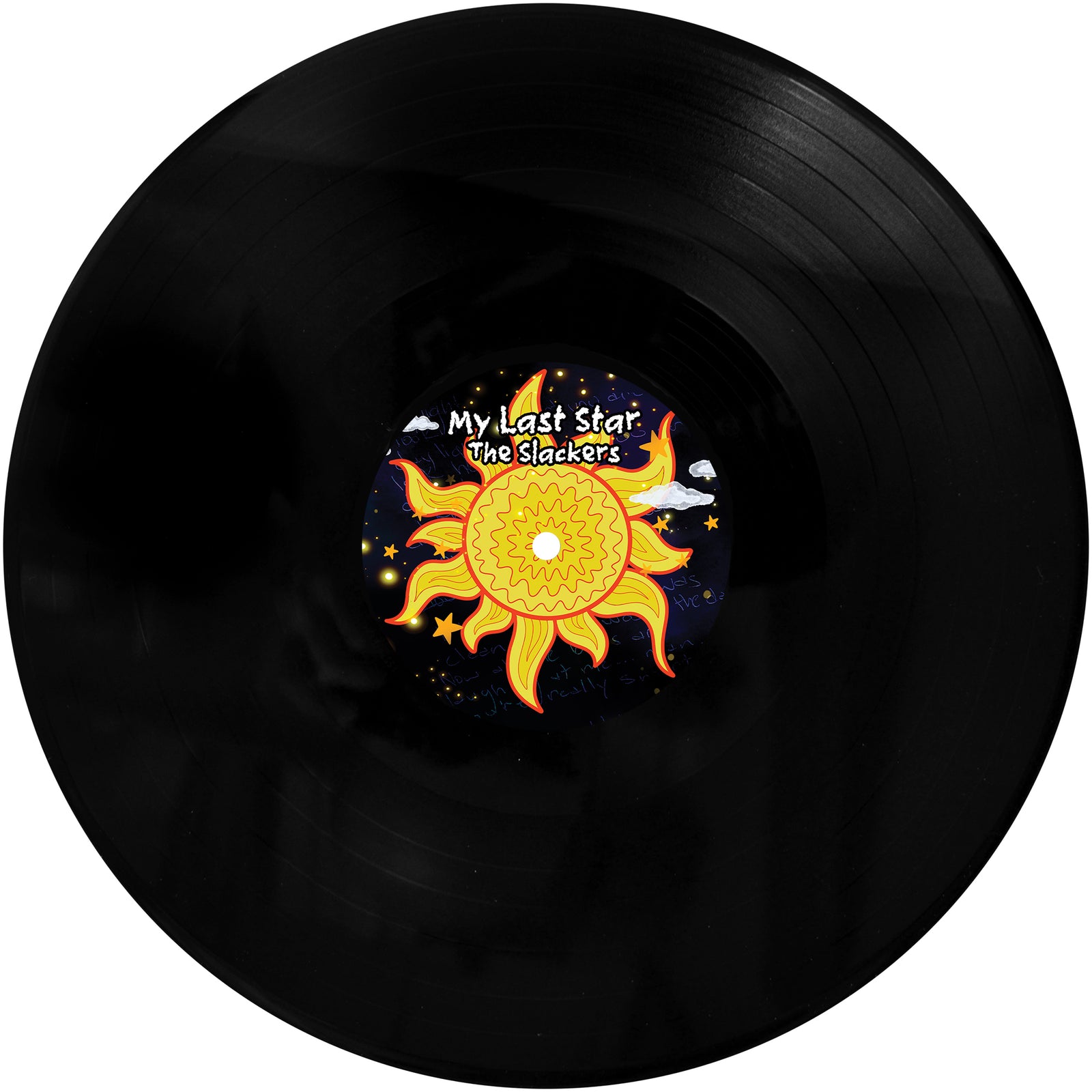A black vinyl record featuring a central label with a bright yellow sun, stars, and clouds. My Last Star by The Slackers is boldly printed against the dark, starry background.