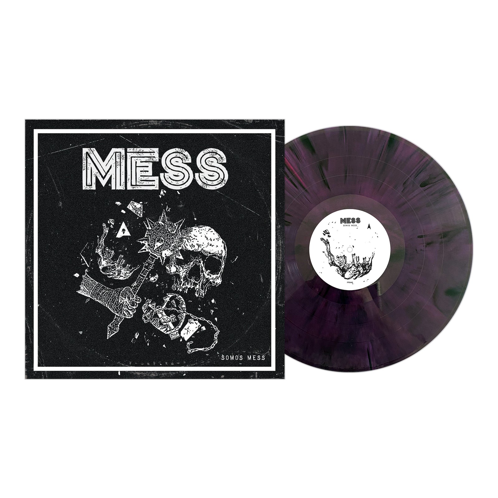 Mess vinyl record in purple and black marble, next to an album cover with bold "MESS," featuring a black and white spiked club, skull, glove, and broken bottles. Brand: Mess.