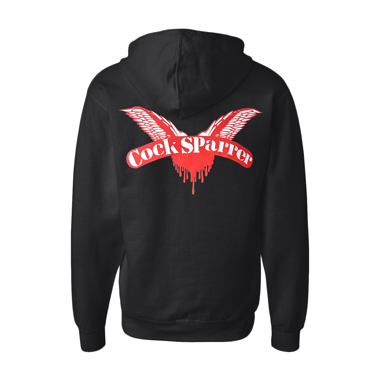 Black Cock Sparrer hoodie featuring a bold red wings logo and band name on the back, finished with a dripping effect for extra edge.