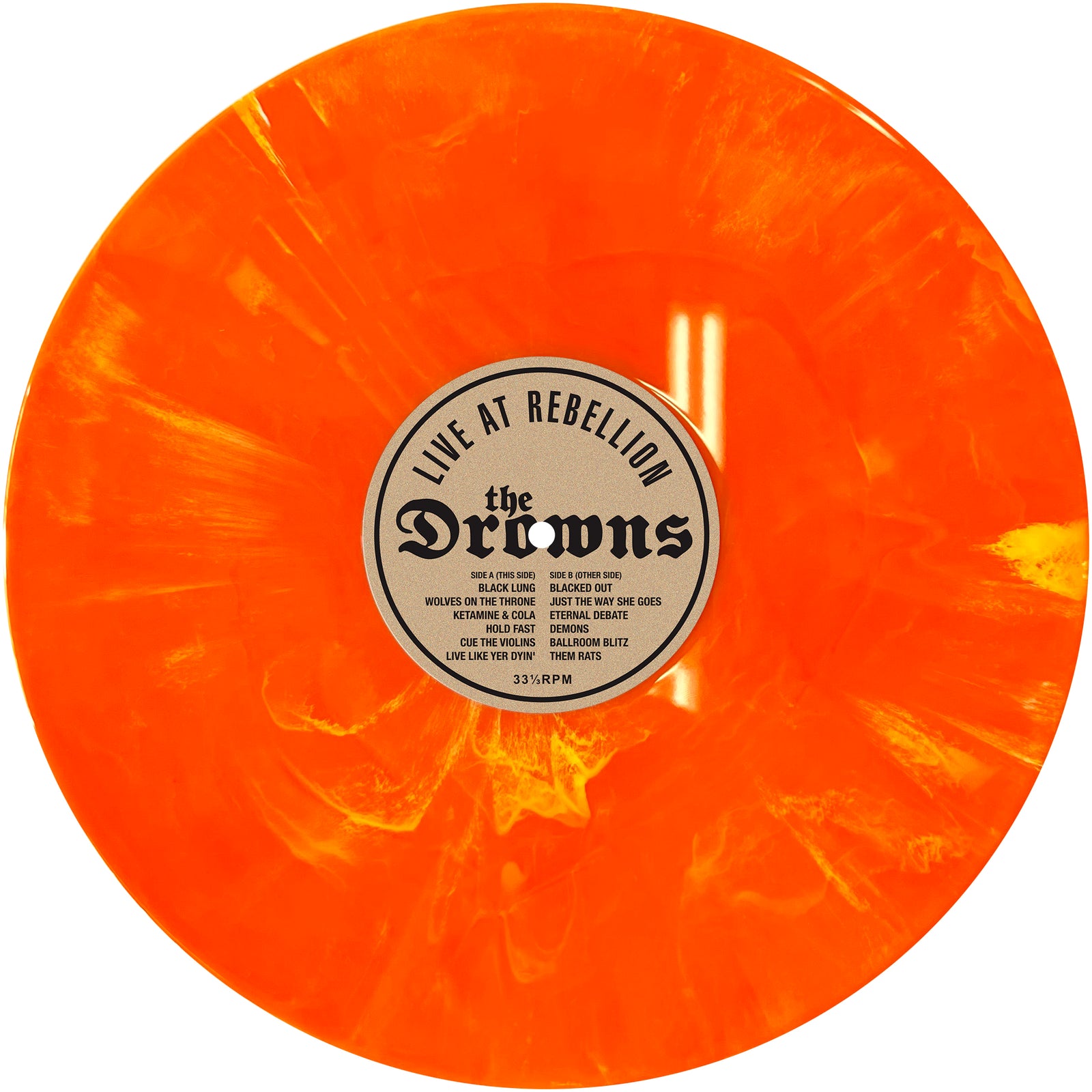 The Drowns’ Live at Rebellion album comes on a vibrant orange marbled vinyl, with a center label displaying the Rebellion Festival name, track list, and 33 1/3 RPM.