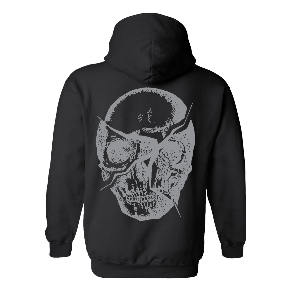 Mess Gildan 18500 black hoodie with a bold, distressed white skull graphic across the back. Features long sleeves, front pocket, and subtle Mess logo accents for extra edge.