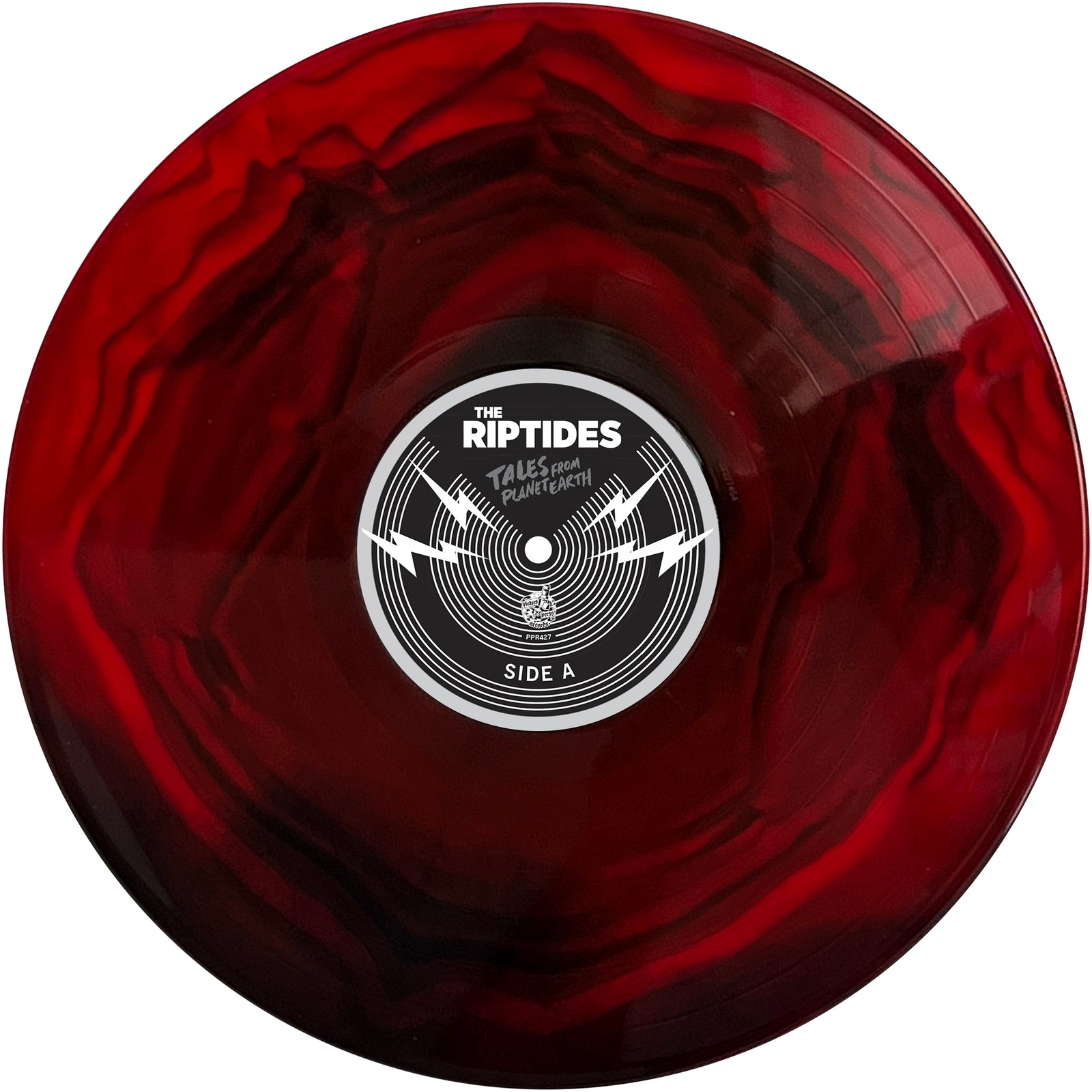 A red and black marbled vinyl record from The Riptides, featuring a black and white center label—Tales From Planet Earth, Side A—an ideal addition to any pop-punk collection.