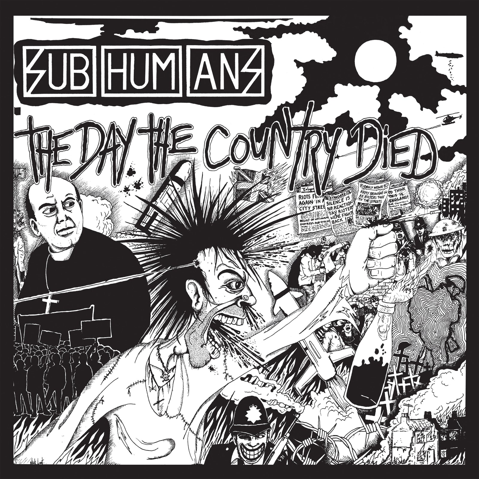Black-and-white illustrated cover for Subhumans: The Day The Country Died features chaotic punk art with spiky hair, protesting crowds, riot police, ominous skies, and bold hand-drawn text swirling like an Andromeda Marble.