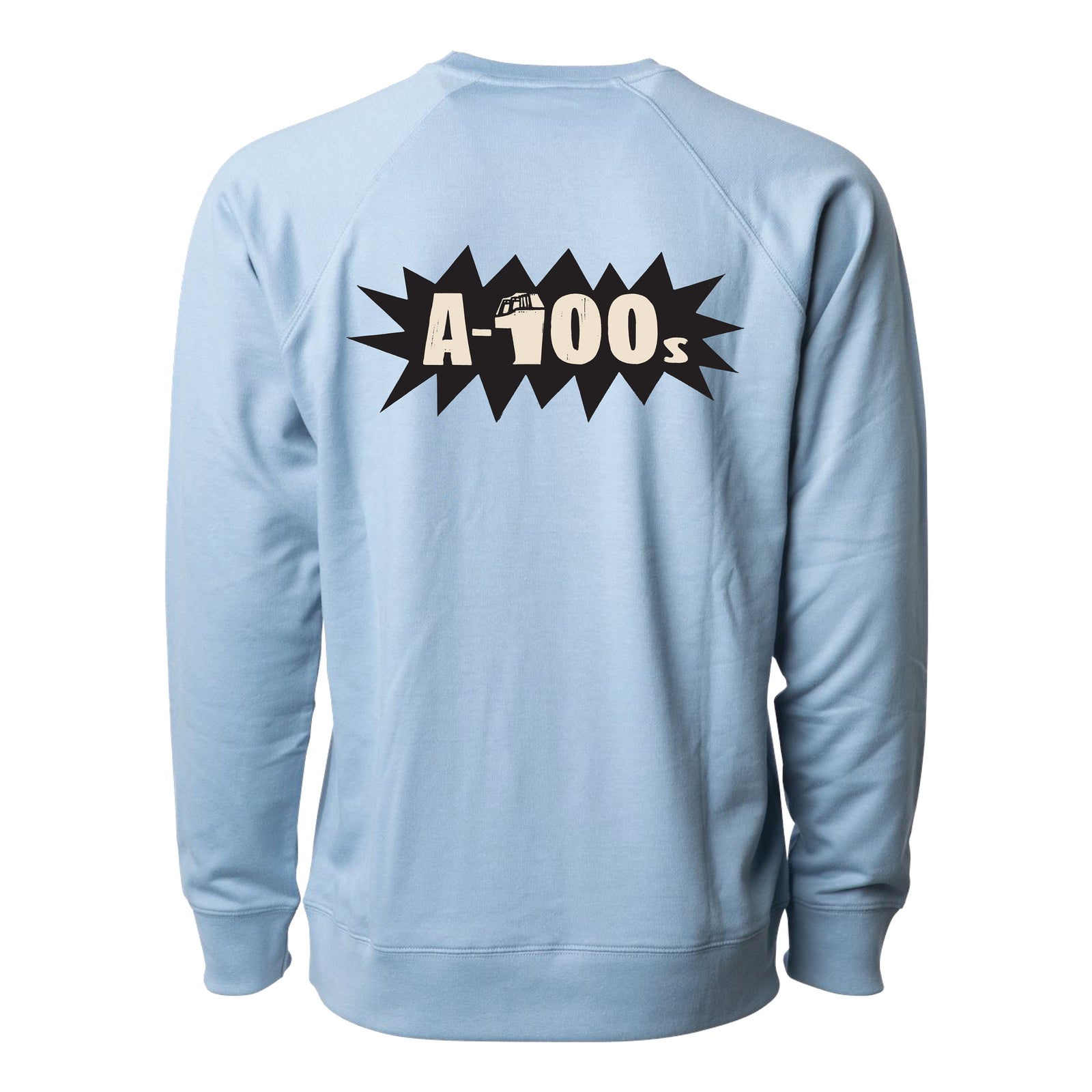 A-100s Misty Blue crewneck shown from the back, featuring a bold black comic-style burst and “A-100s” in white and black lettering across the upper back—a standout unisex lightweight sweatshirt.