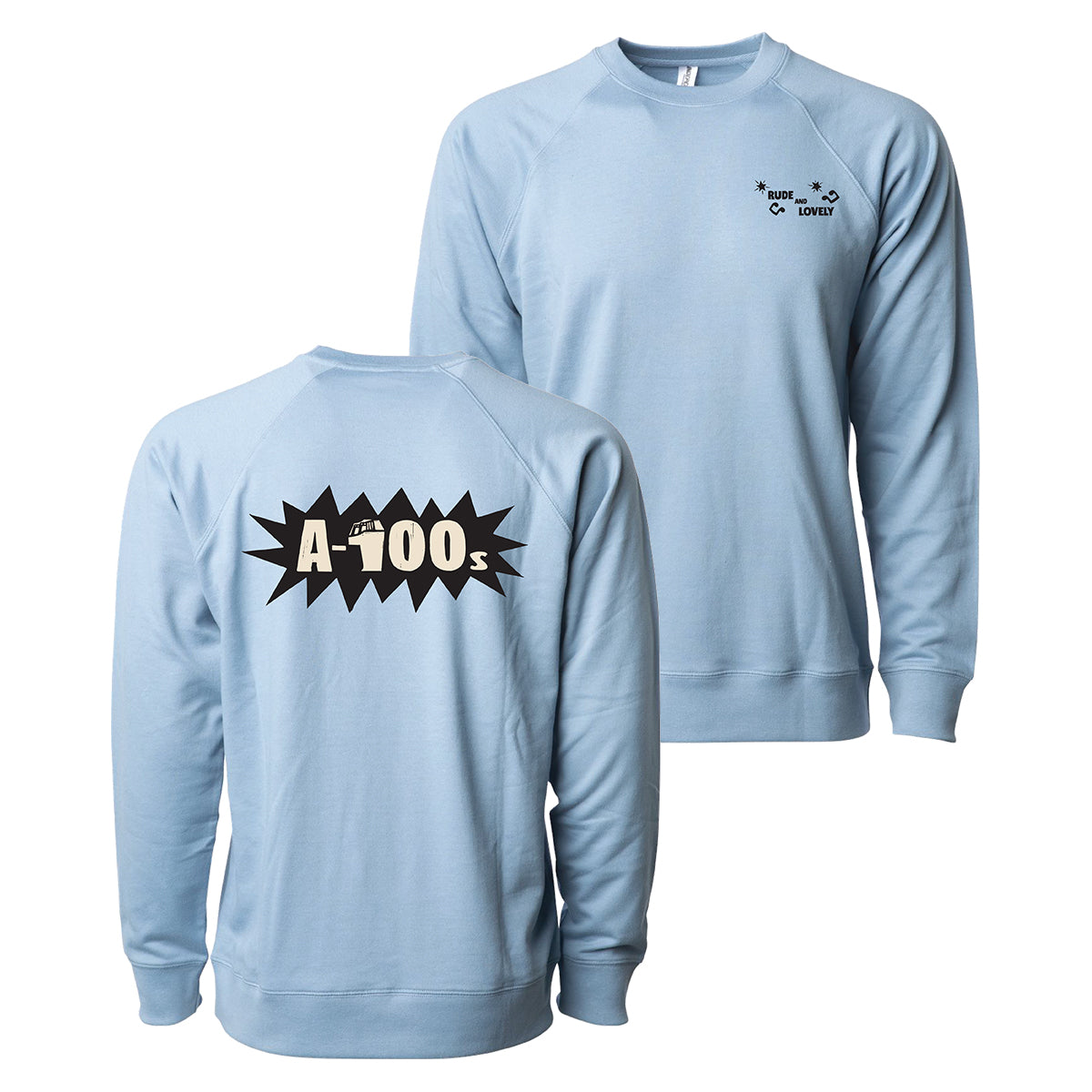 A-100s Misty Blue crewneck sweatshirt shown front and back. Front has a small black text and star on the left chest; back features a bold comic-style graphic with "A-100s" in white. Unisex, lightweight style.