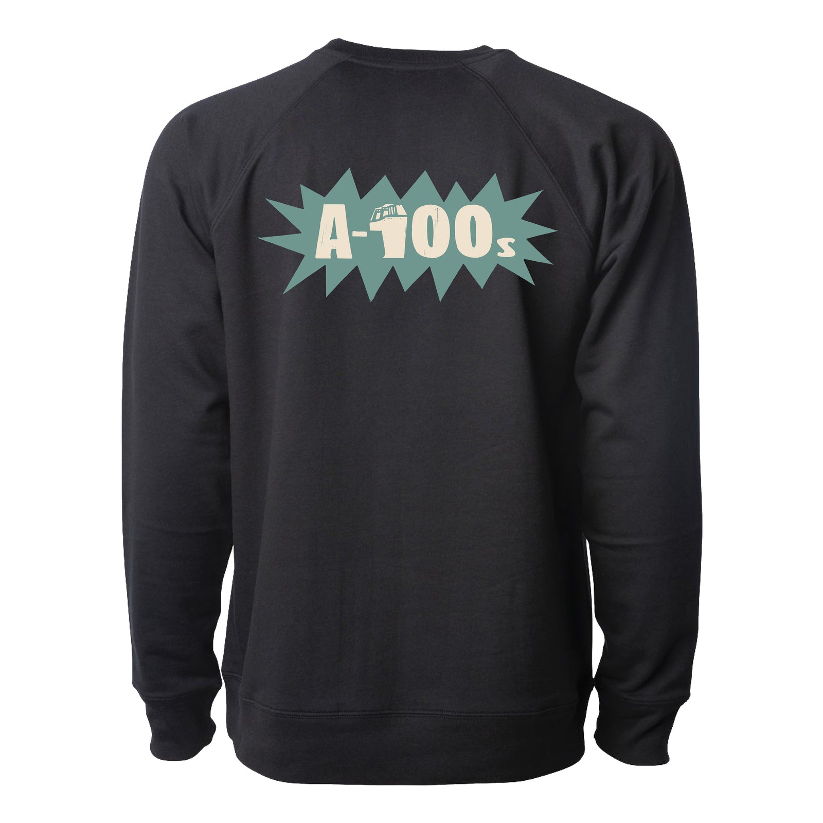 A black A-100s unisex crewneck sweatshirt shown from the back, featuring a retro-style graphic with “A-100s” in light colors inside a starburst shape.