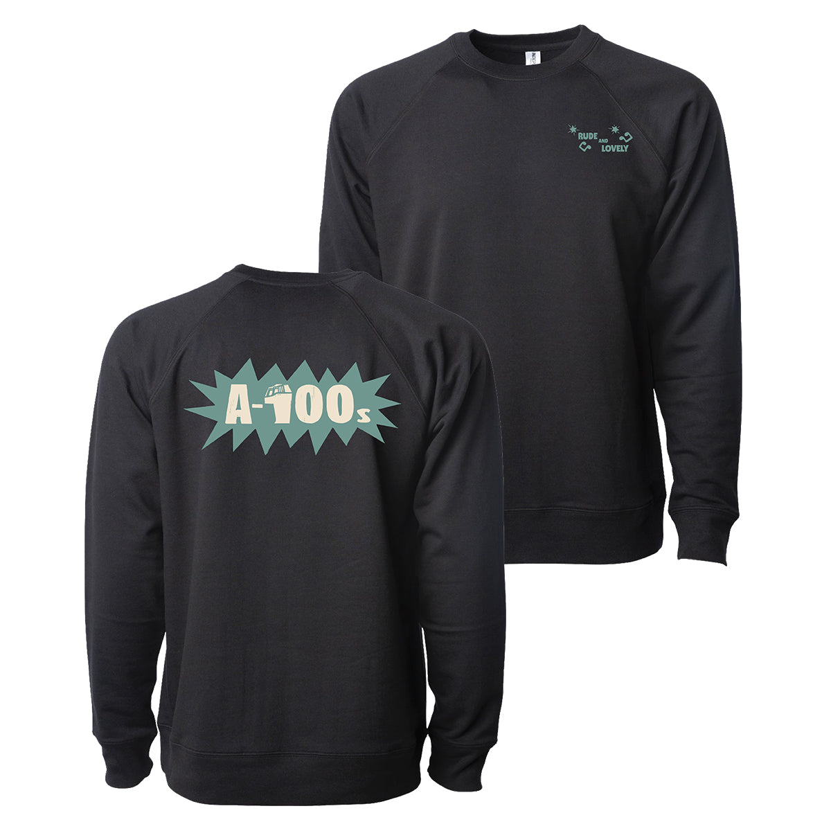 A-100s unisex crewneck sweatshirt shown front and back. Front features a small mint green “SUPER LOVER!!” graphic; back showcases a bold mint green comic burst “A-1000” design.