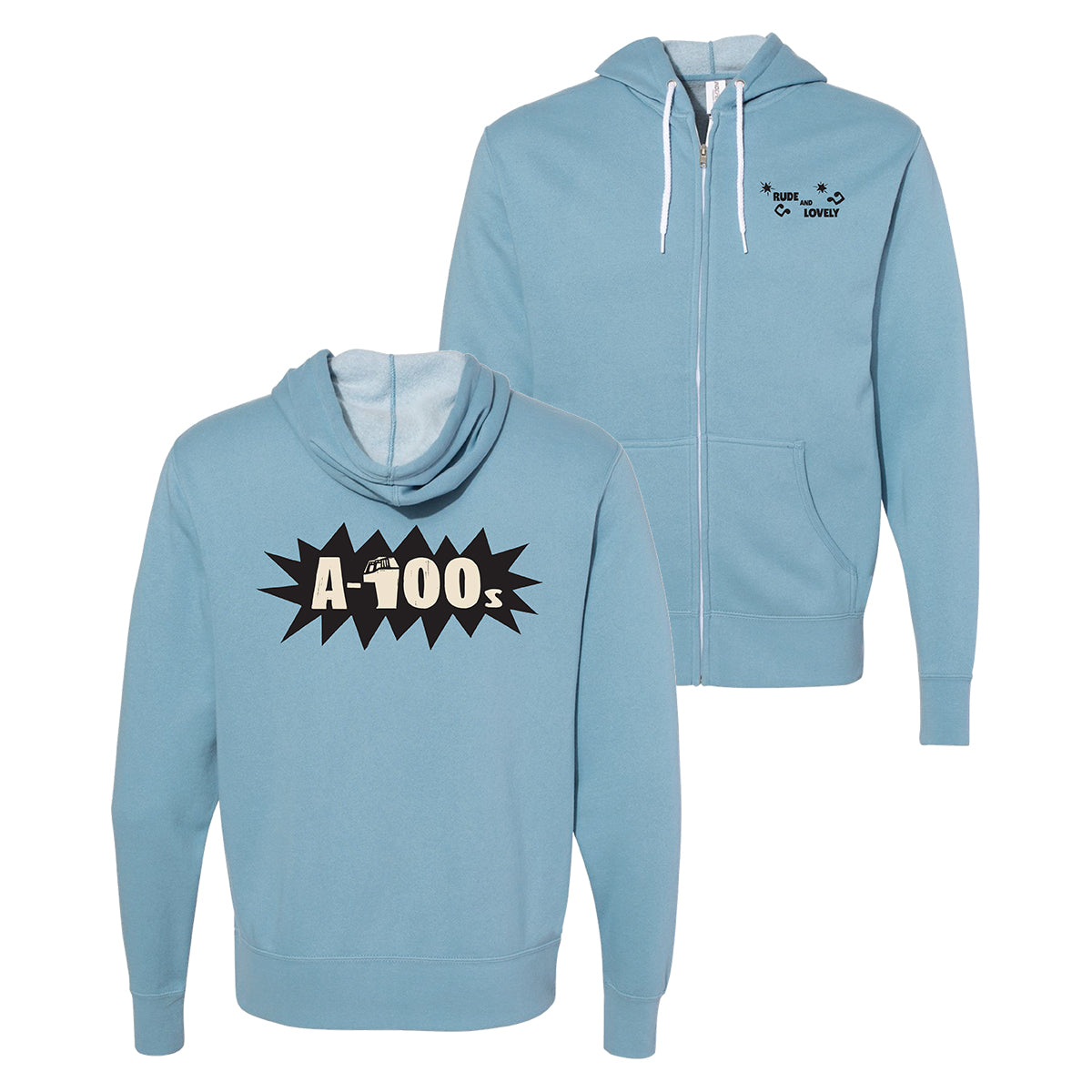 A-100s Misty Blue unisex zip-up sweatshirt shown front and back. Back features a bold starburst A-100s graphic; front has a small Ride Lovely dice logo over the left chest.
