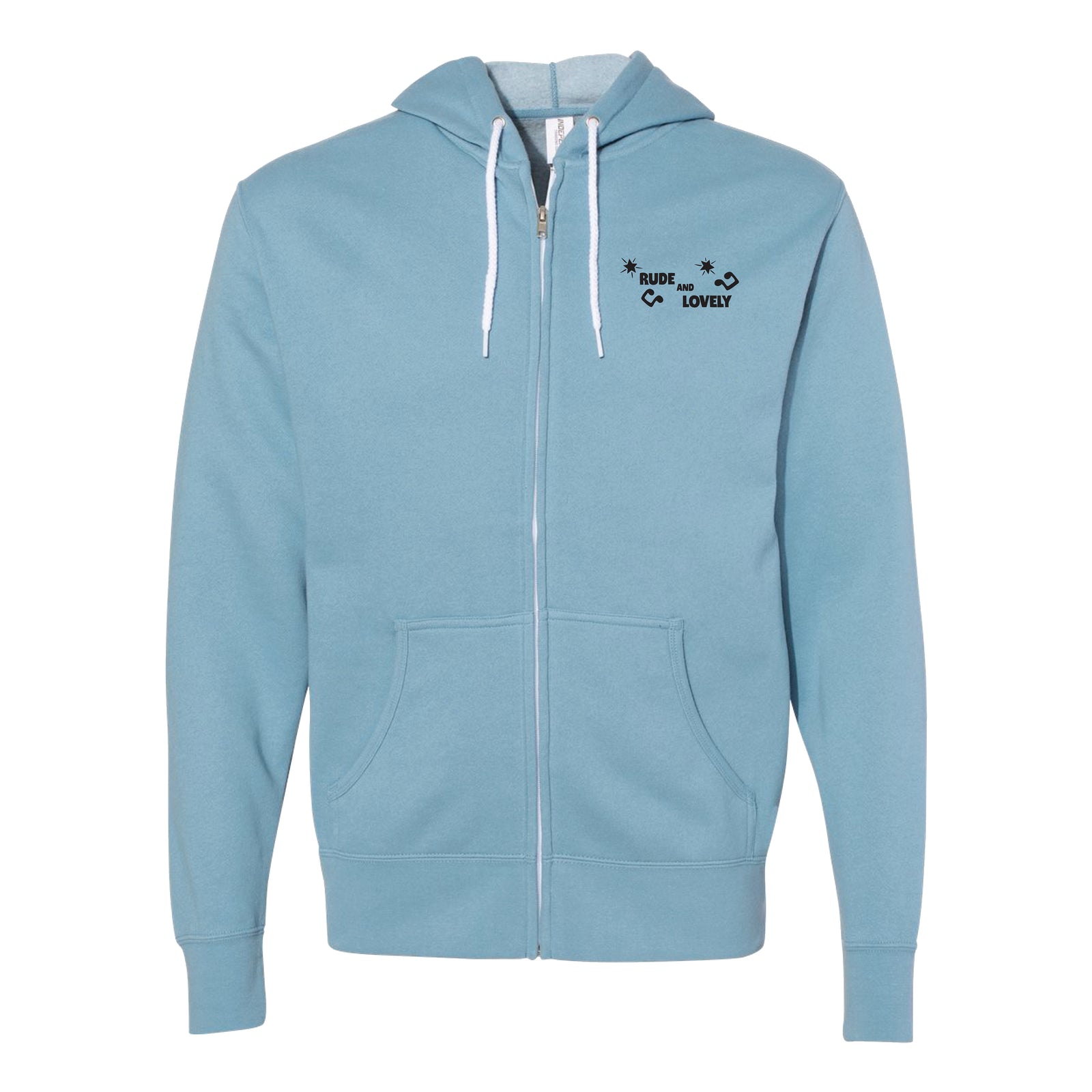 A-100s Misty Blue unisex zip-up hoodie with white drawstrings and two front pockets. Features small black "RUDE" and "LOVELY" text on the left chest, accented by arrows and star-like symbols—a stylish choice.