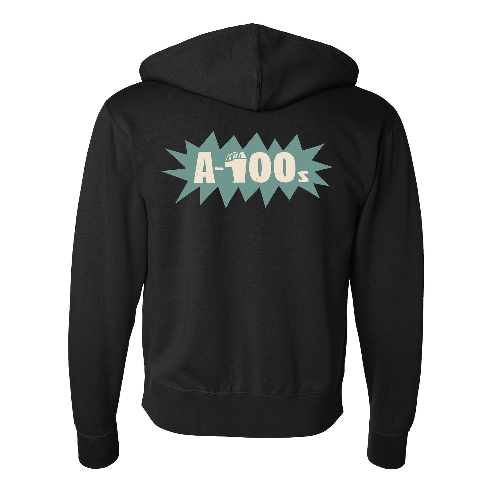 The A-100s black hoodie features a bold back graphic with jagged teal shapes and large off-white text. This unisex zip-up sweatshirt delivers standout style and comfort from the A-100s brand.