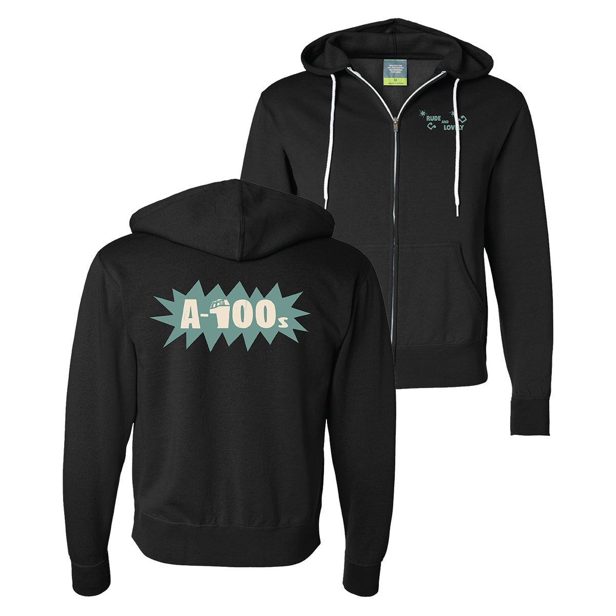 Black unisex zip-up sweatshirt by A-100s with white drawstrings. Features a small “Rubber City Love Co.” logo on the front left chest and a large green starburst with bold white “A-100s” lettering on the back.