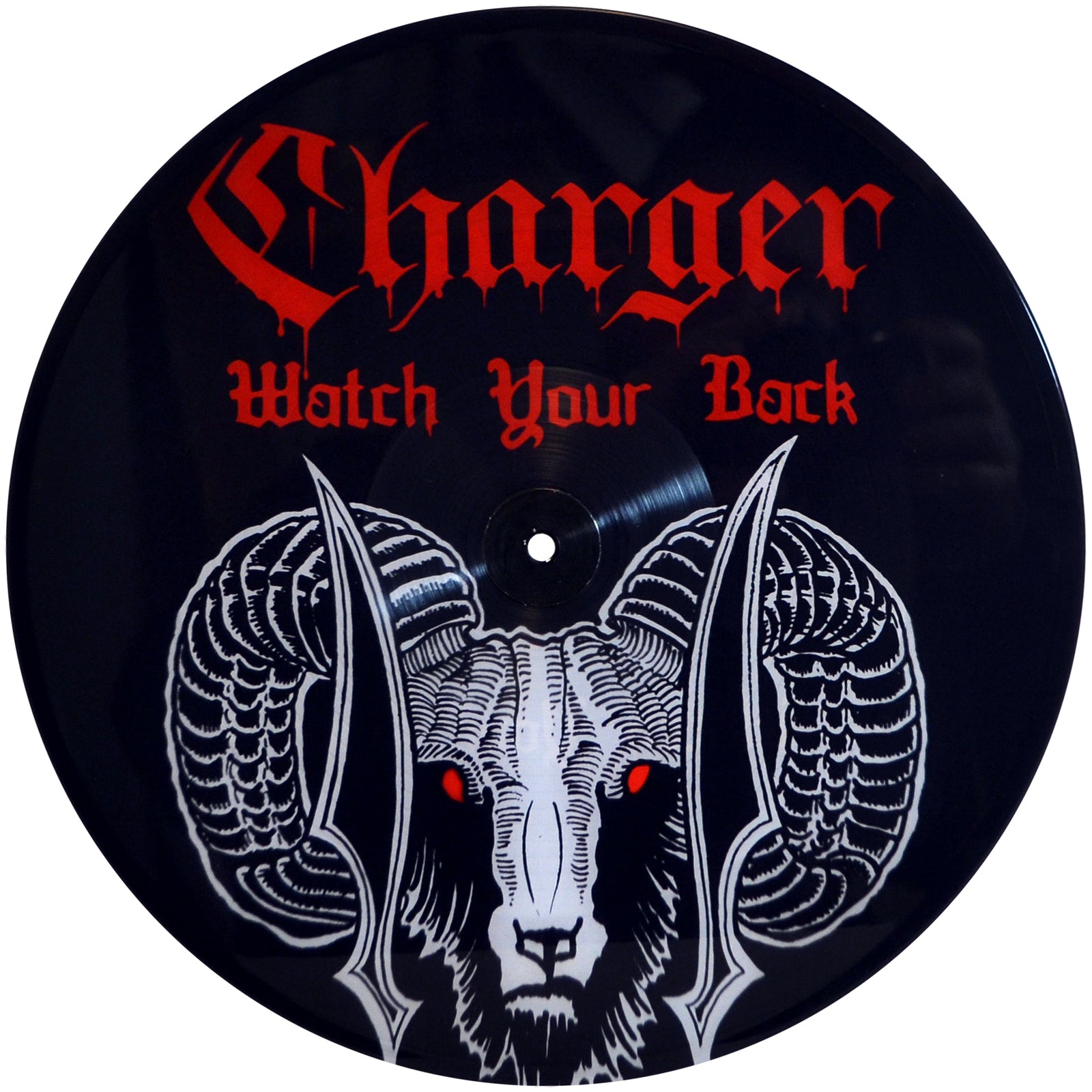 A Charger vinyl shows a rams head with big, curved horns in black and white. Above it, "Charger" and the song "Watch Your Back" appear in bold red Gothic text.