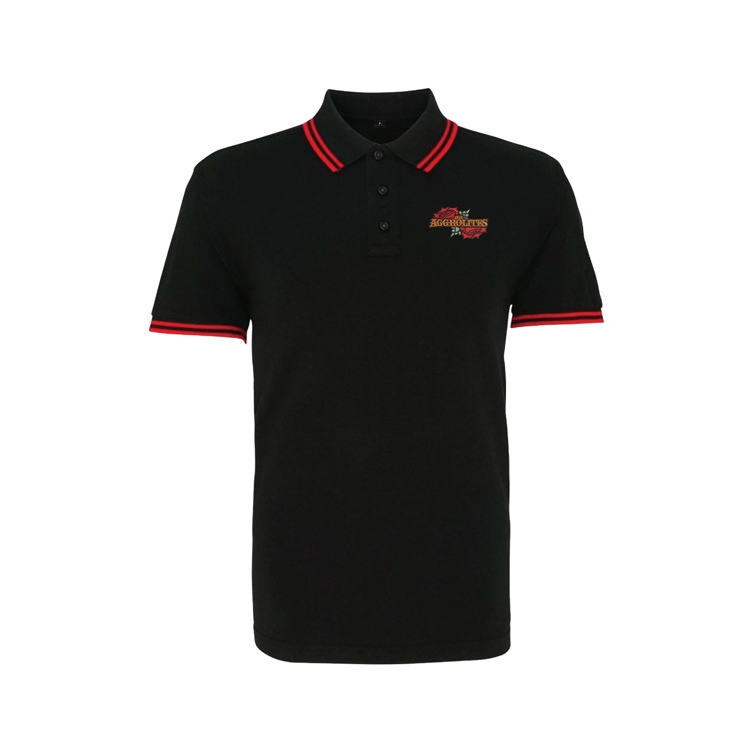 A unisex black polo shirt by The Aggrolites with red and white striped collar and sleeves, featuring an embroidered Aggrolites logo with text and graphic on the left chest.