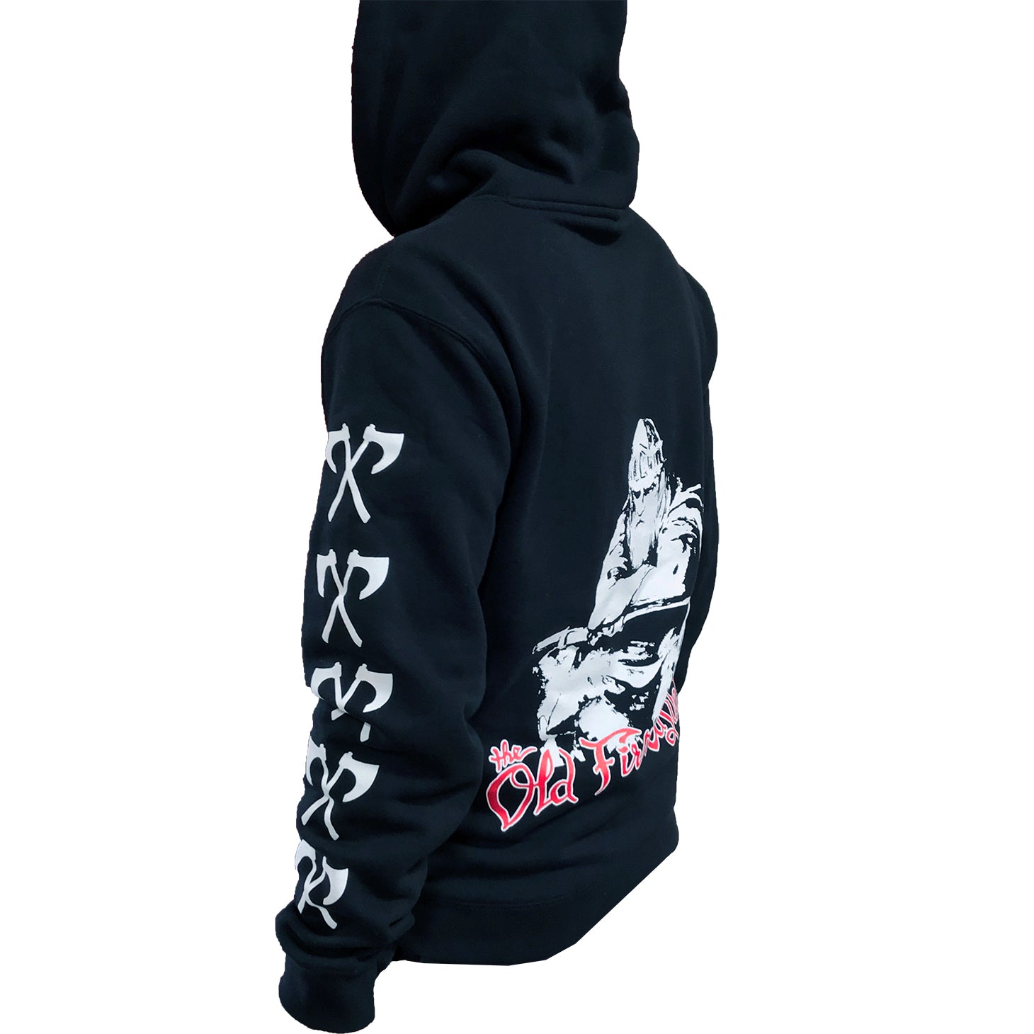 A person wears a black pullover hoodie by The Old Firm Casuals featuring white graphic art, Japanese characters on the sleeve and back, and bold red Old Friends text. The design reflects an independent brand style; their face is not visible.