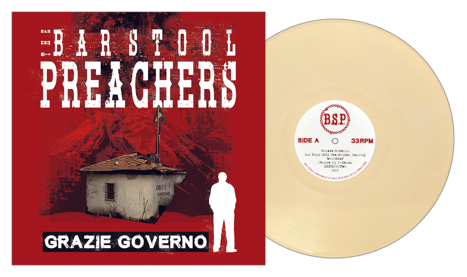 A colored vinyl punk album by The Bar Stool Preachers with a beige record, red cover, small house illustration, Italian flag on the roof, and Grazie Governo printed at the bottom.