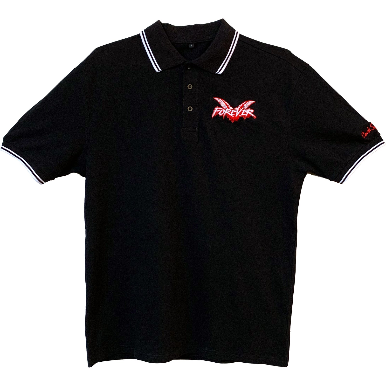 A black Cock Sparrer polo with white collar and sleeve trim, a red FOREVER graphic, butterfly design on the left chest, and red text on the left sleeve—ideal for fans.