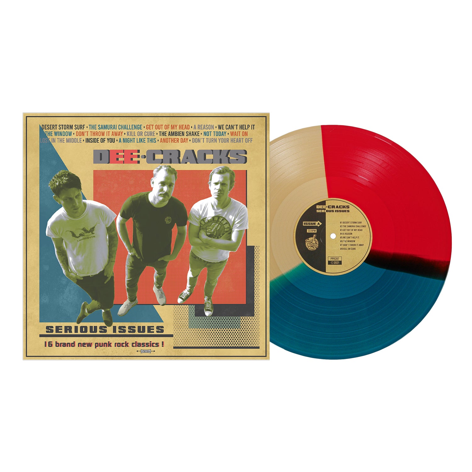 DeeCracks vinyl and album cover for "Serious Issues" features three band members with yellow and teal graphics; the vinyl is split into red, gold, and blue sections. Brand: DeeCracks.