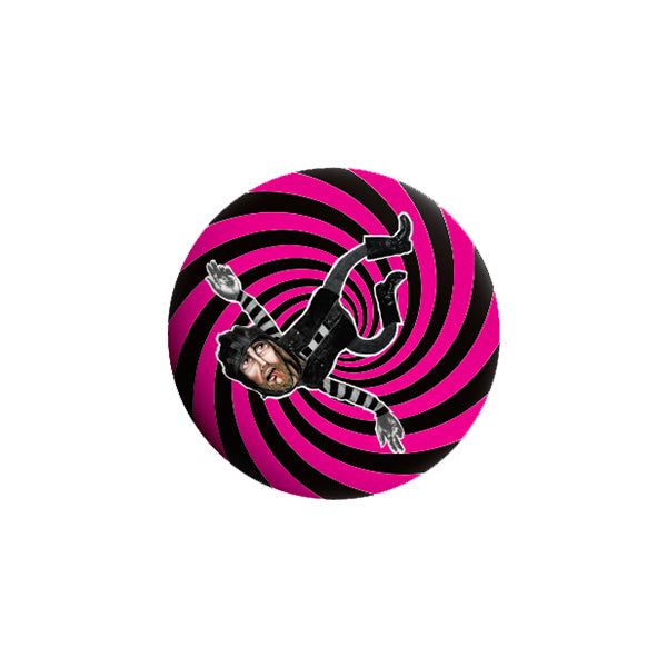 A man in a black-and-white striped outfit and gloves appears to be falling or floating over a pink and black spiral background on a collectible button from the Druglords of The Avenues button pack.