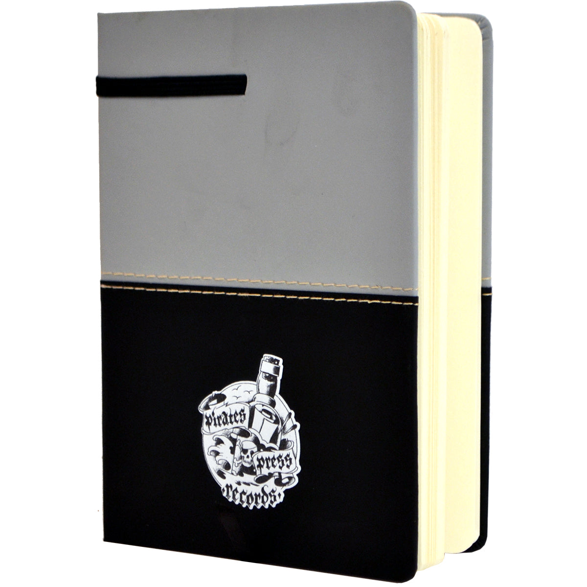 This two-tone Pirates Press Records journal features a gray top, black bottom, skull-and-bottle logo, black elastic band, and cream-lined pages—perfect for music fans seeking style and function.
