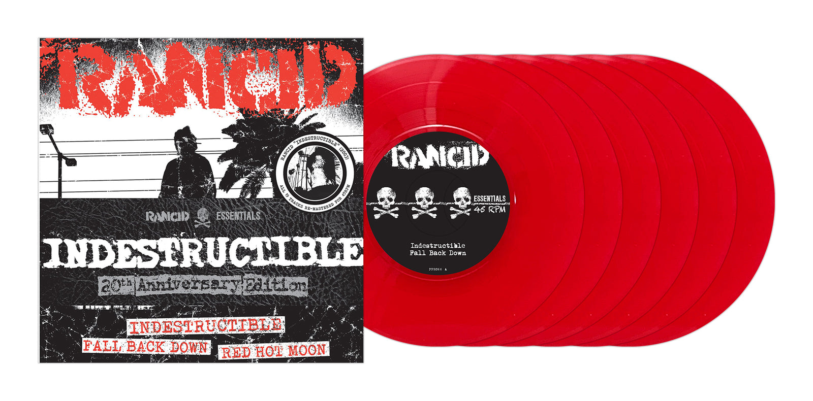 Rancid Indestructible 20th Anniversary Edition album features a punk-style square cover, collectible leather obi-strip, and six translucent red vinyl records with all labels visible—re-mastered and presented by Rancid.