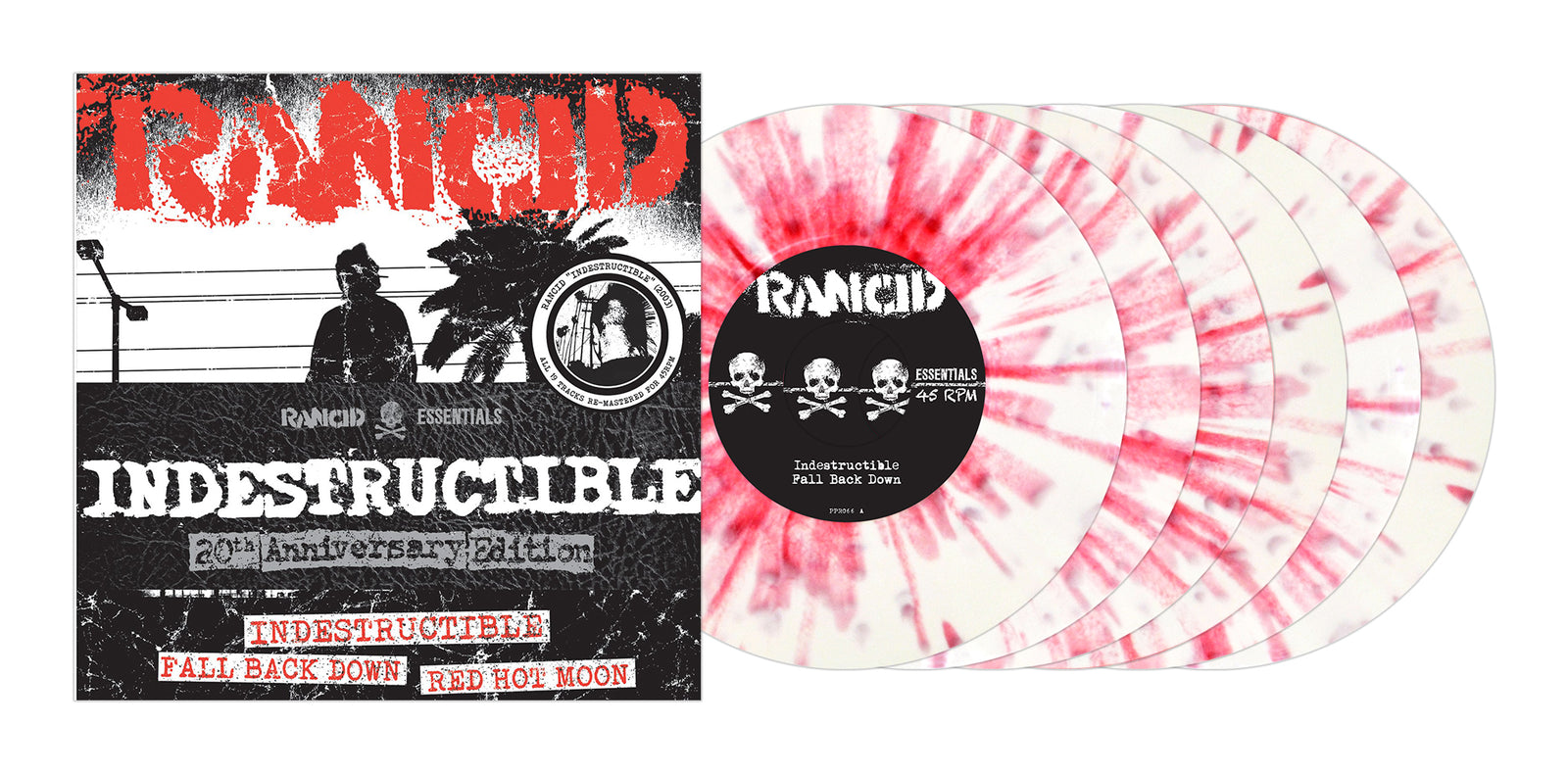 Rancid Indestructible 20th Anniversary re-mastered album cover art shown with three white vinyl records featuring red splatter. The collectible boasts a bold punk style and distressed graphics.