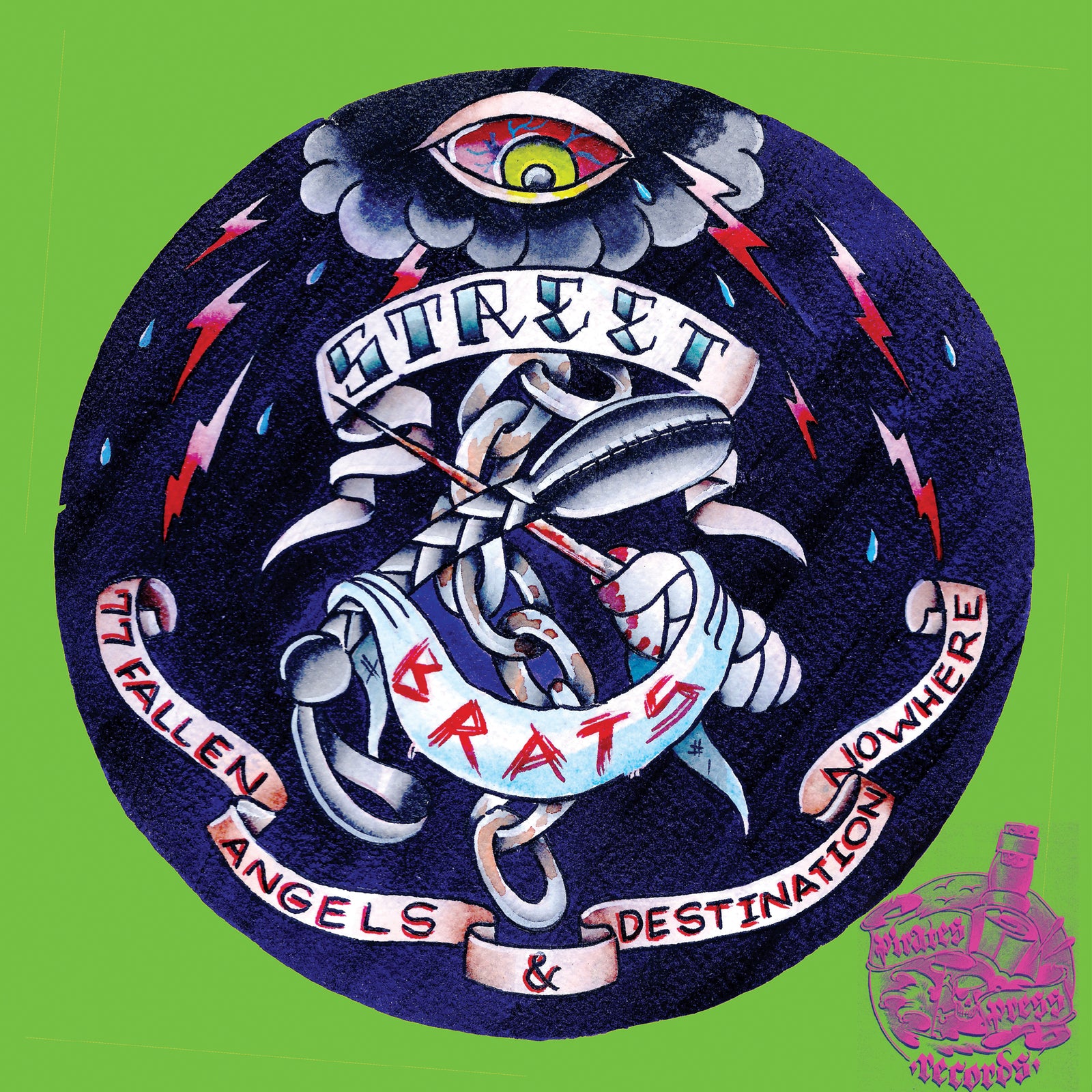 A tattoo-style design on a green background features a stormy cloud with an all-seeing eye, lightning bolts, and Street Brats banners—echoing 77 punk rock picture disc art from Pirates Press Records.