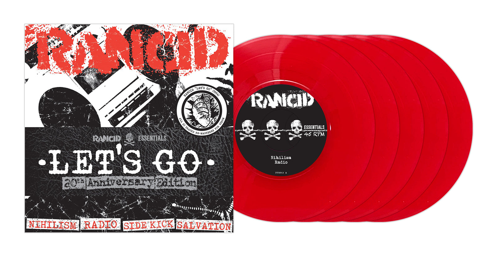 Rancid’s “Let’s Go: 20th Anniversary Edition” album cover features grunge graphics, skulls, bold text, and five collectible red vinyl records partially fanned out—an audiophile re-mastered release for fans.