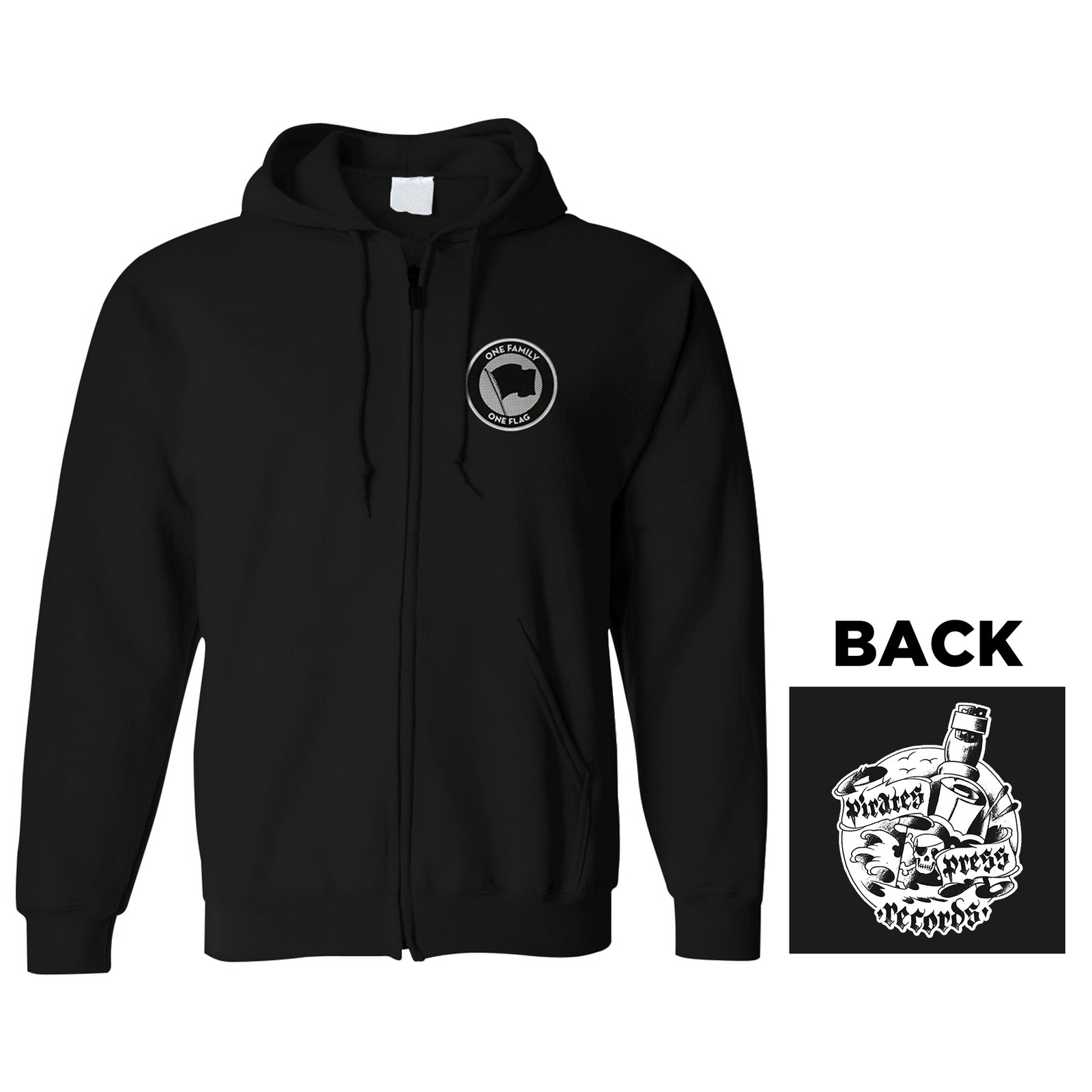 The Pirates Press Records IND4000Z black zip-up sweatshirt features a small circular logo on the front left chest and a large illustrated back graphic of a hand holding a bottle, with One Family One Flag text.