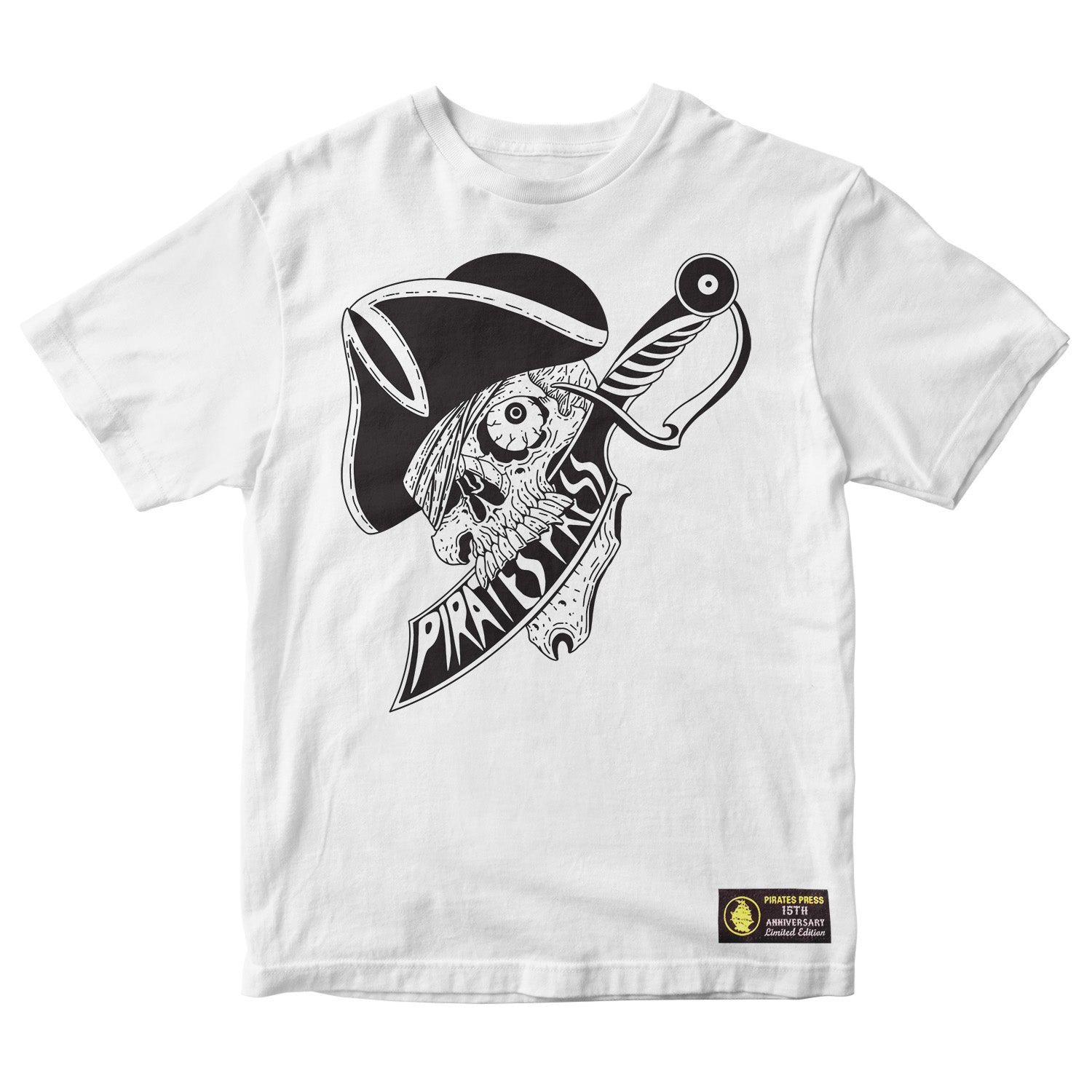 Limited edition white T-shirt from Pirates Press Records featuring a black and white pirate skull with dagger and “PIRATES” text, released for Rock the Ship Festival to celebrate their 15th Anniversary. Small label near hem.