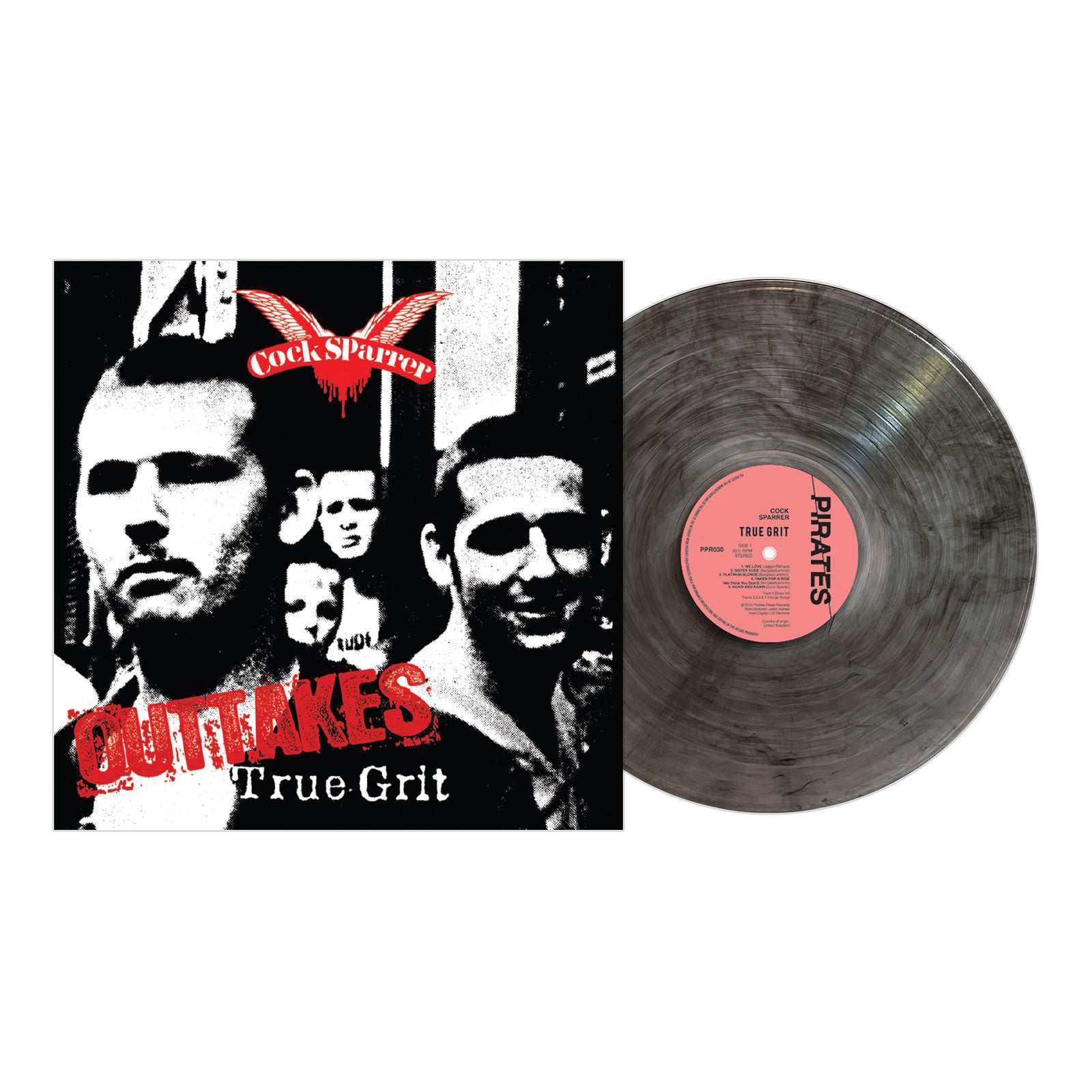 A marbled black and gray Cock Sparrer vinyl sits beside its cover, which features black-and-white band photos and bold red text: Cock Sparrer OUTTAKES True Grit, remixed and remastered for fans.