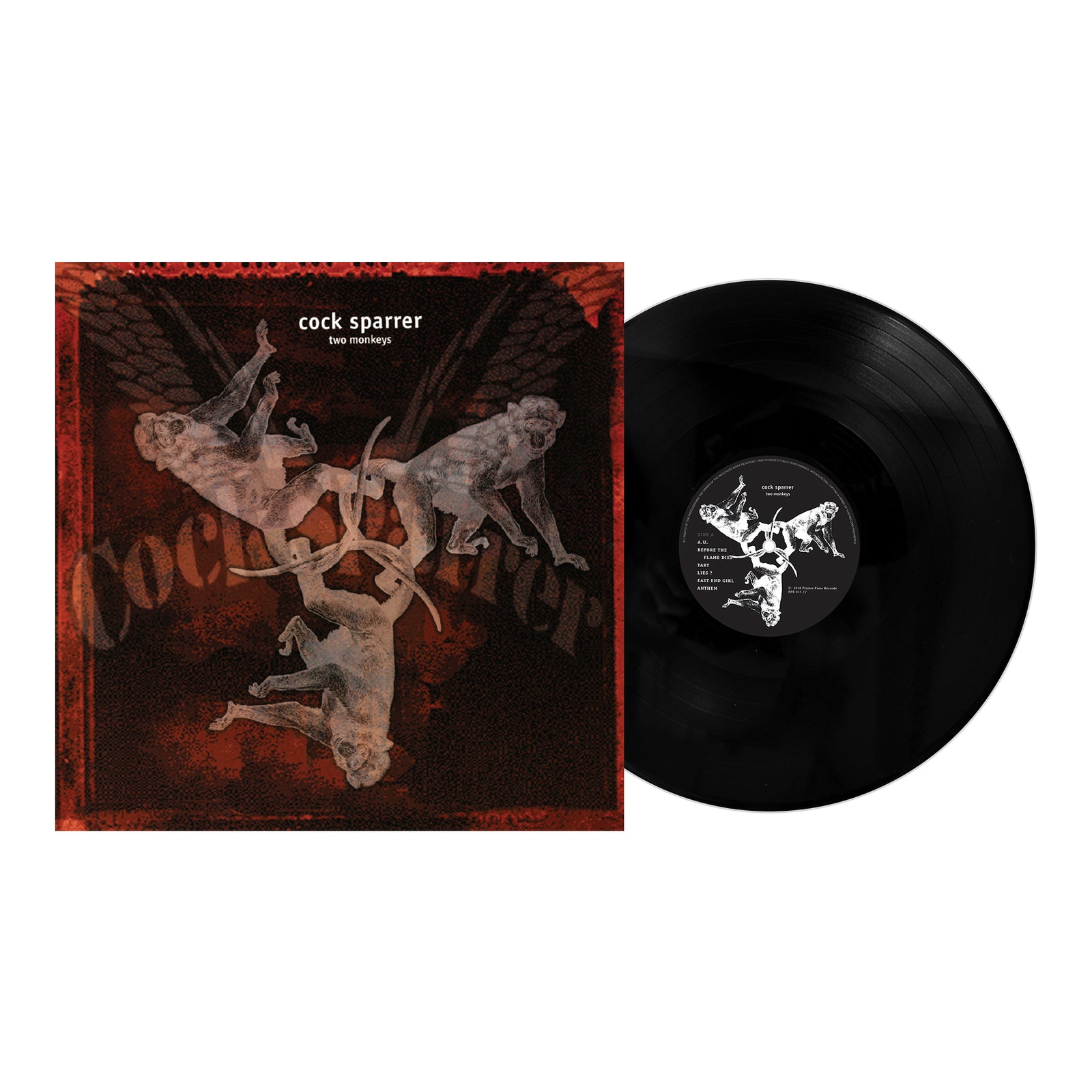 A black vinyl record by Cock Sparrer, partially pulled out next to an album cover that shows three stylized dogs and the text Cock Sparrer Two Monkeys on a dark textured background.