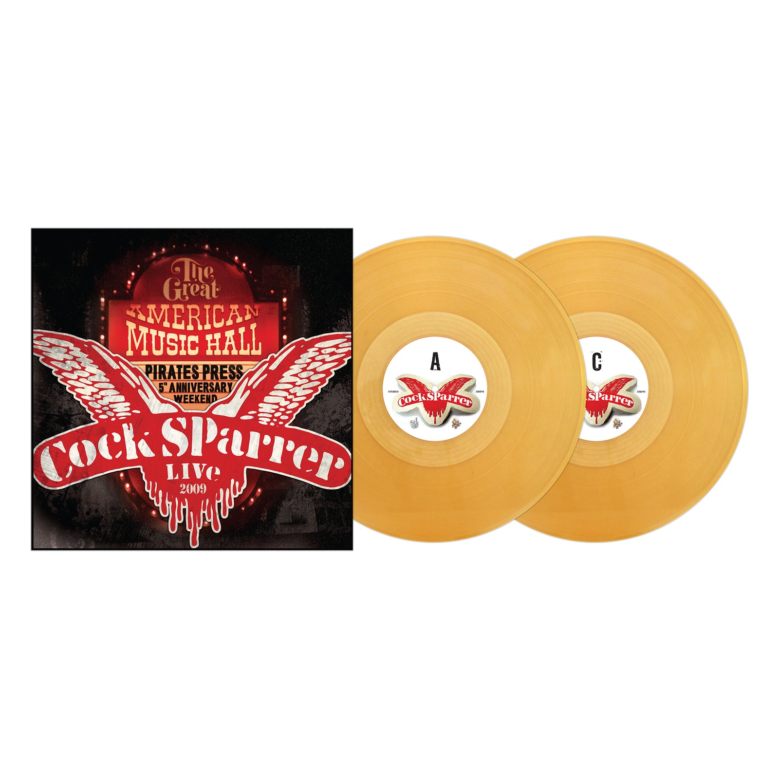 Cock Sparrer’s Live at the Great American Music Hall 12” Double LP features two yellow vinyl records (A and C) and a bold red-and-white eagle graphic on a custom diecut gatefold jacket.